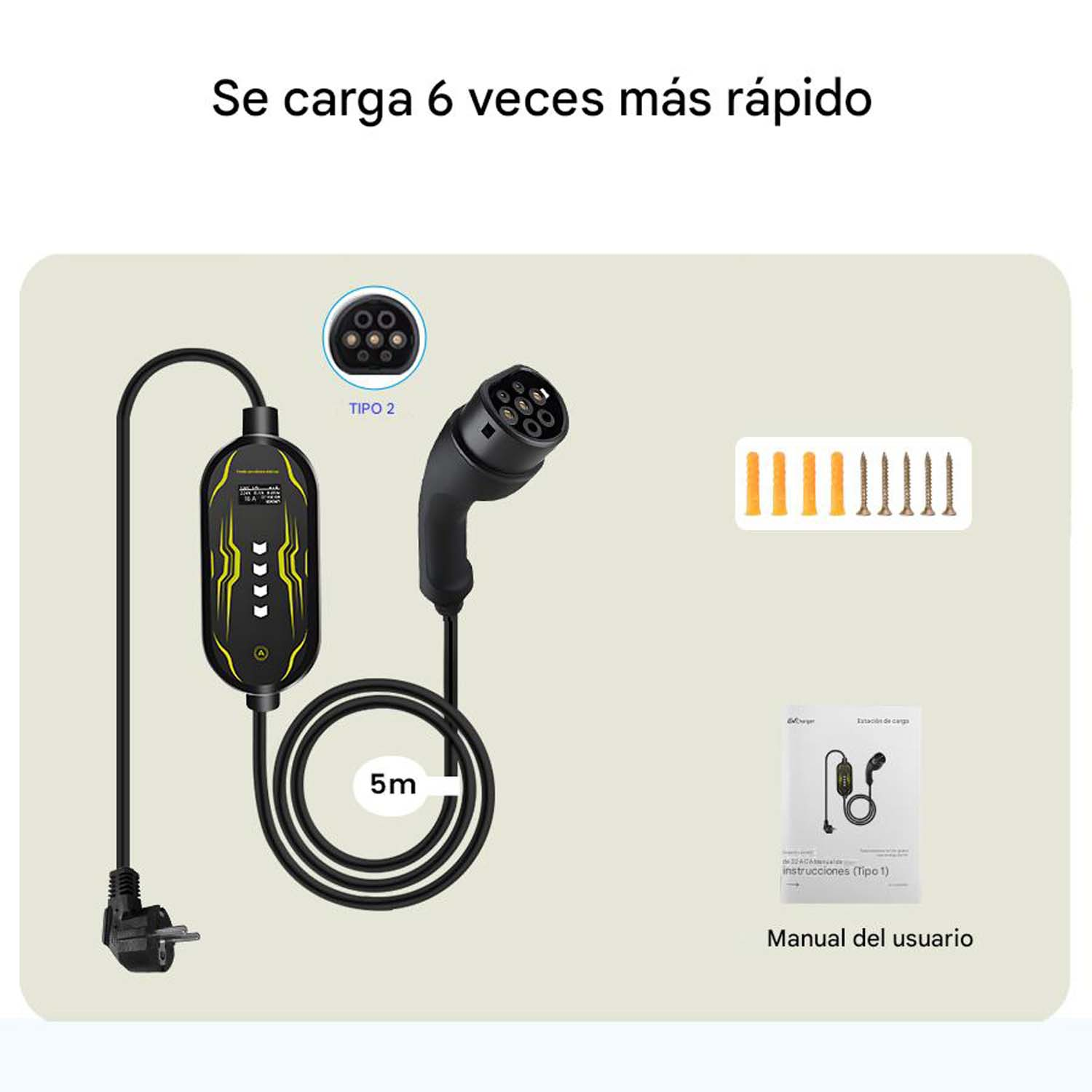 Kit de cargador EV con cable, enchufes y manual del usuario en fondo claro, texto en español.