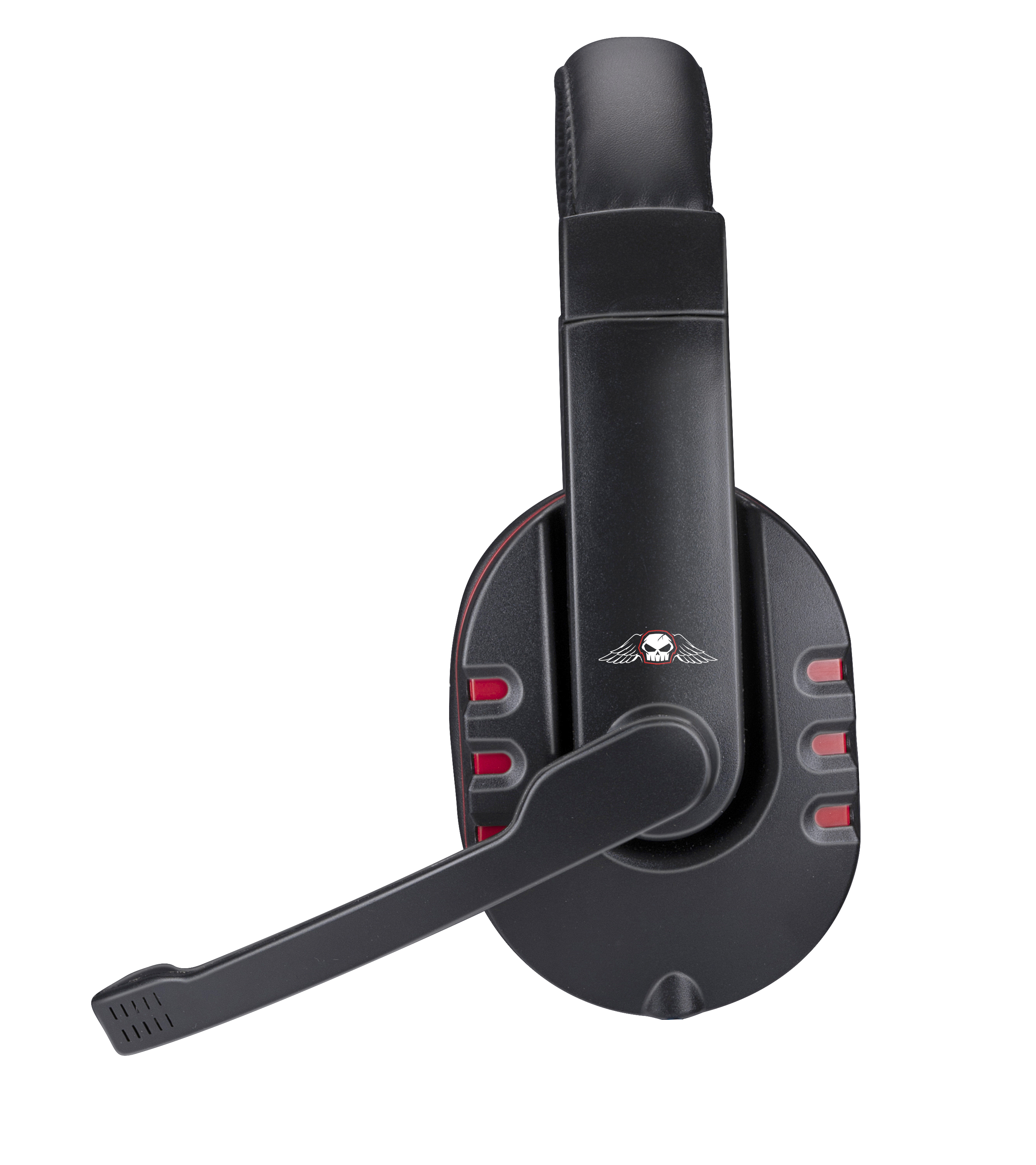 Zwarte en rode gamingheadset met microfoon, witte achtergrond.