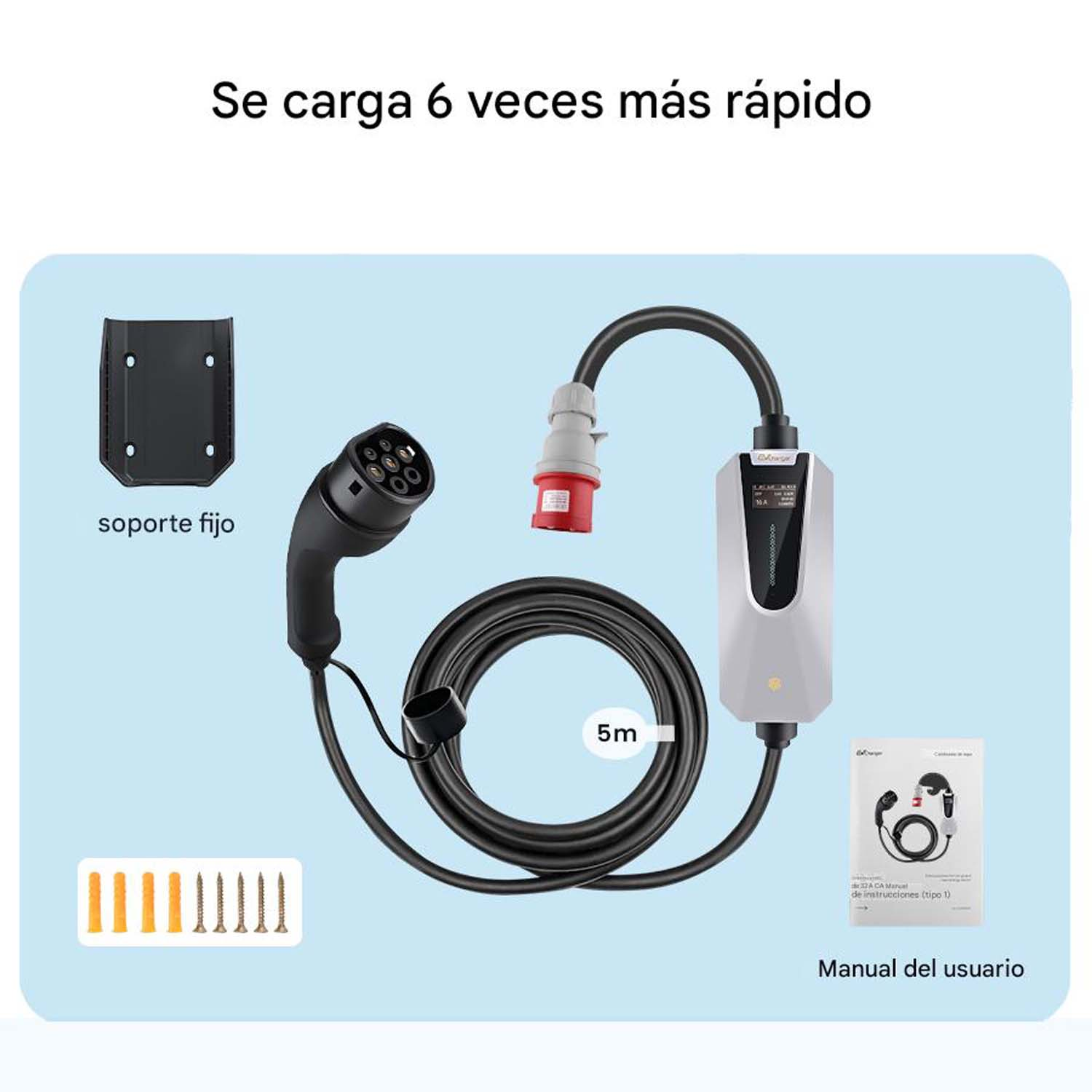 Cargador de vehículo eléctrico con cable, soporte de montaje y manual del usuario. El cargador es blanco y negro.