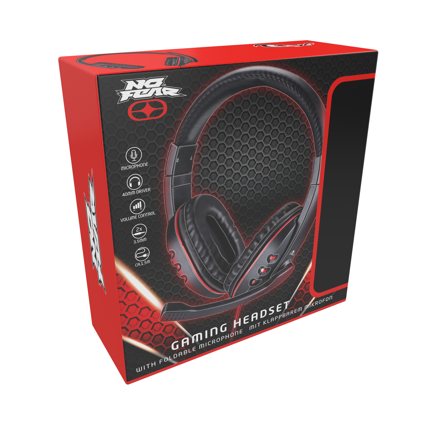 Gaming headset doos met headset illustratie en functies.
