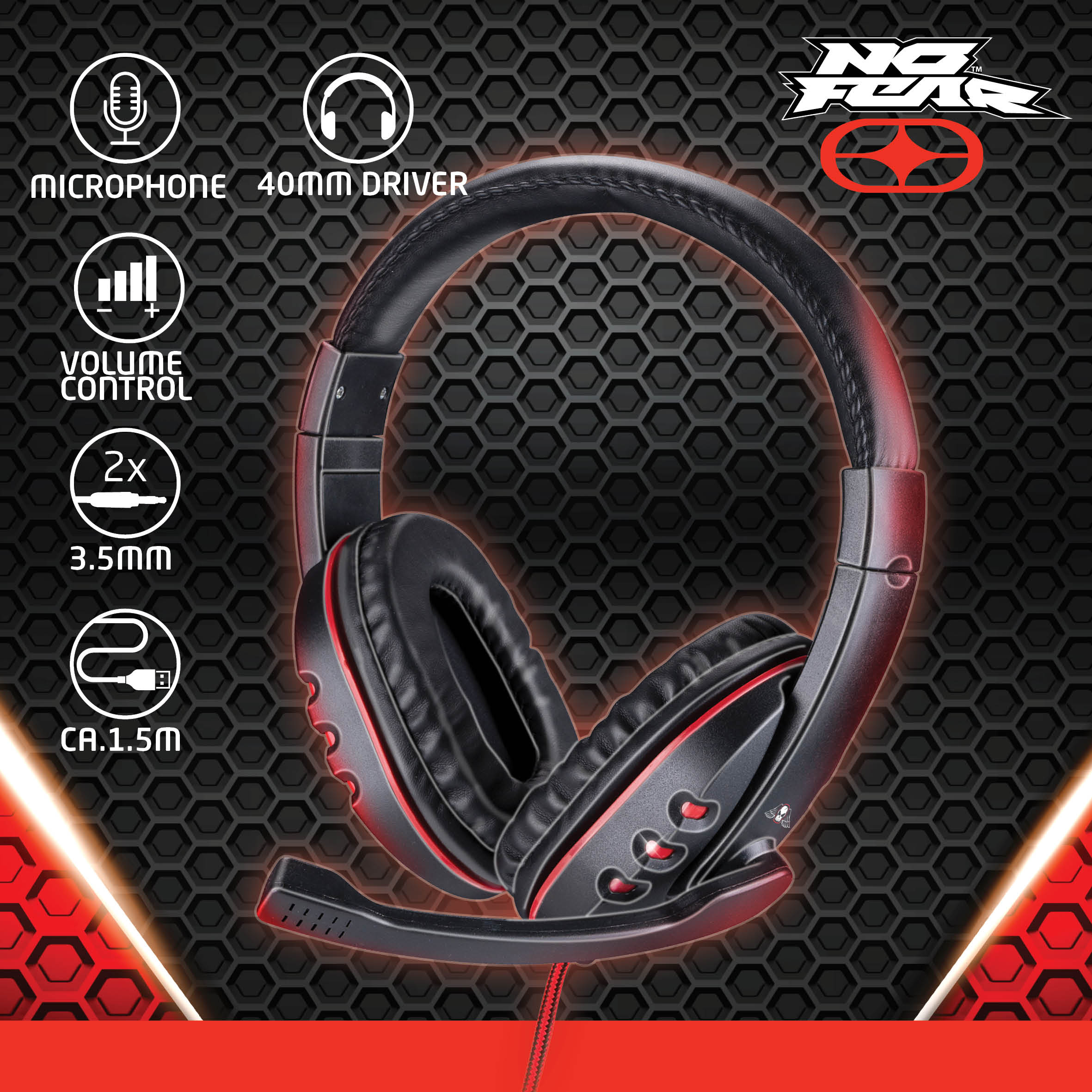 Zwarte en rode gaming headset met tekst: microfoon, volumeregeling, 3,5 mm. Witte achtergrond.