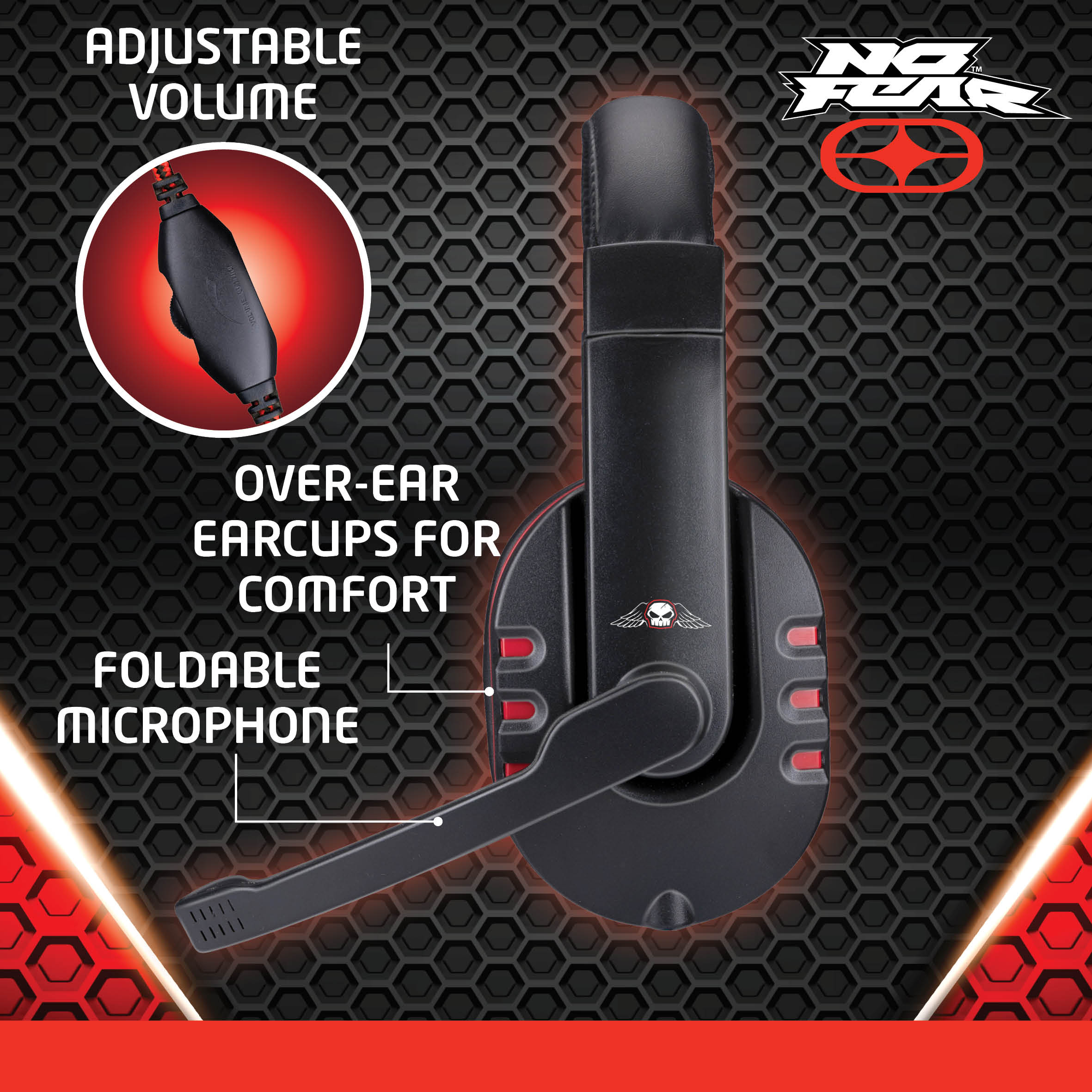 Zwarte headset met microfoon. Labels: 'Instelbaar volume', 'Over-ear oorschelpen', en 'Opvouwbare microfoon'.