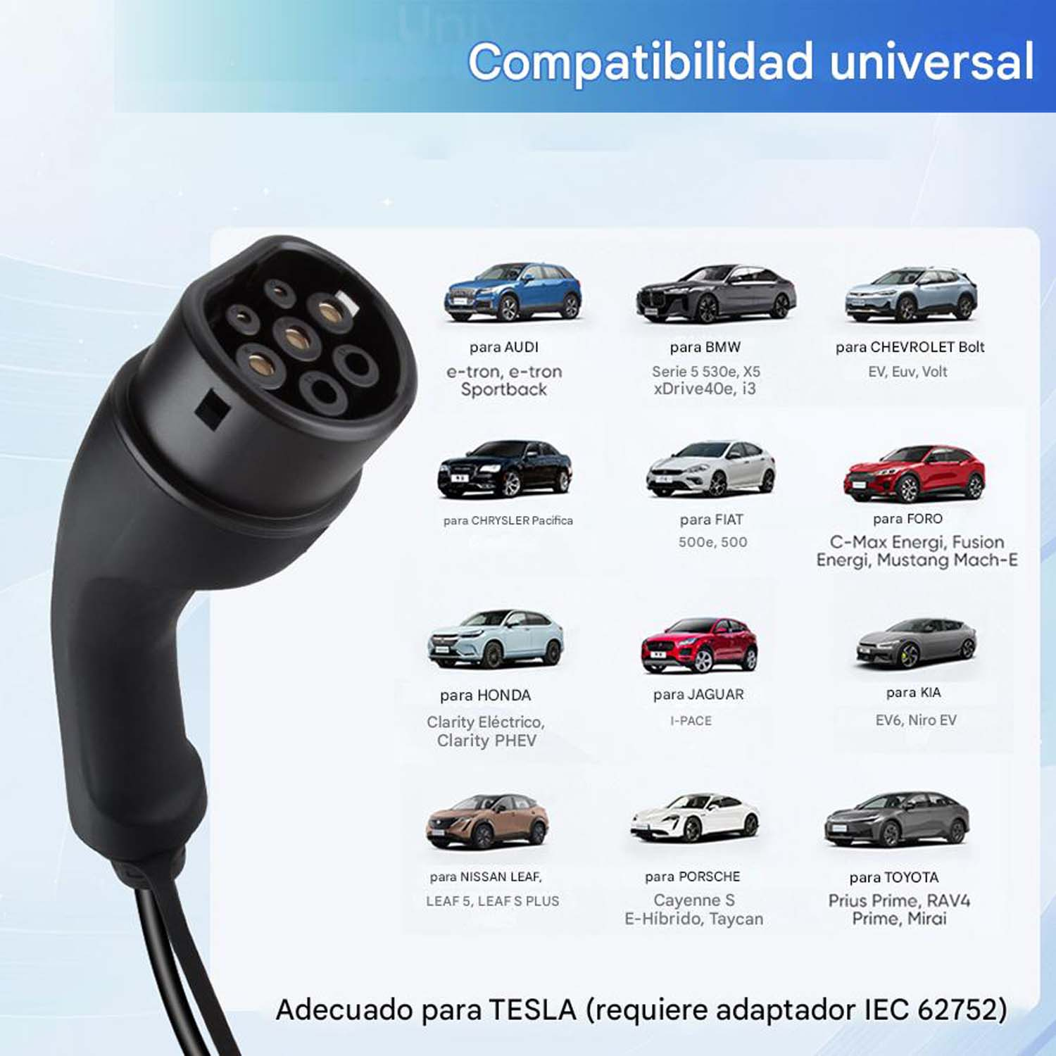 Cargador de vehículos eléctricos con varios modelos de coches, texto: Compatibilidad universal y más información.