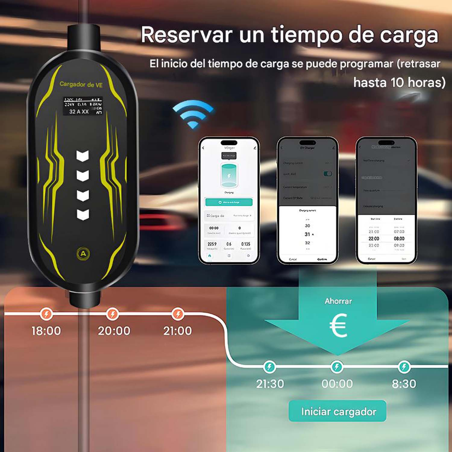 Cargador de VE con pantallas de teléfono mostrando información de carga.