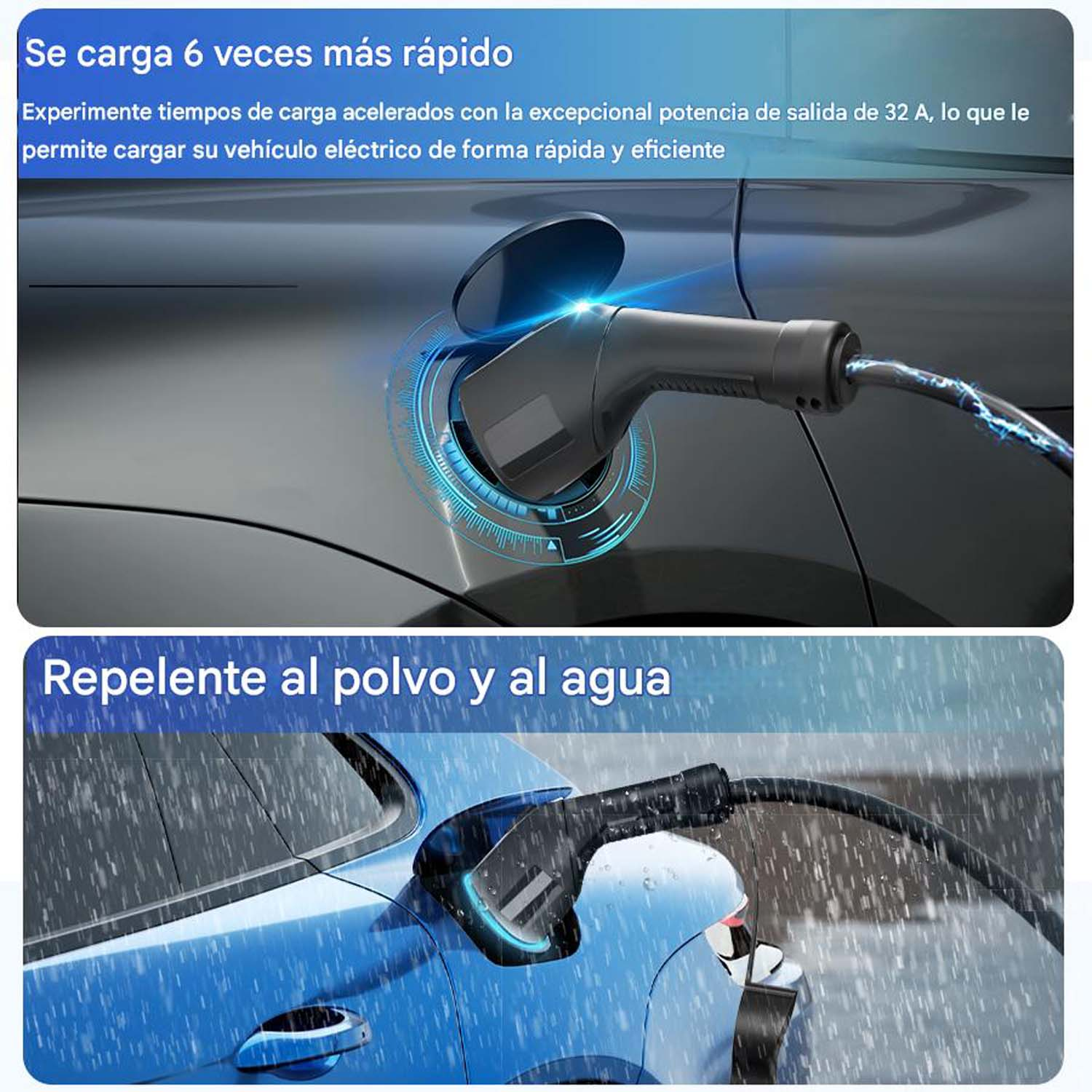 Imagen muestra un coche cargando con texto sobre carga rápida y resistencia al agua/polvo.