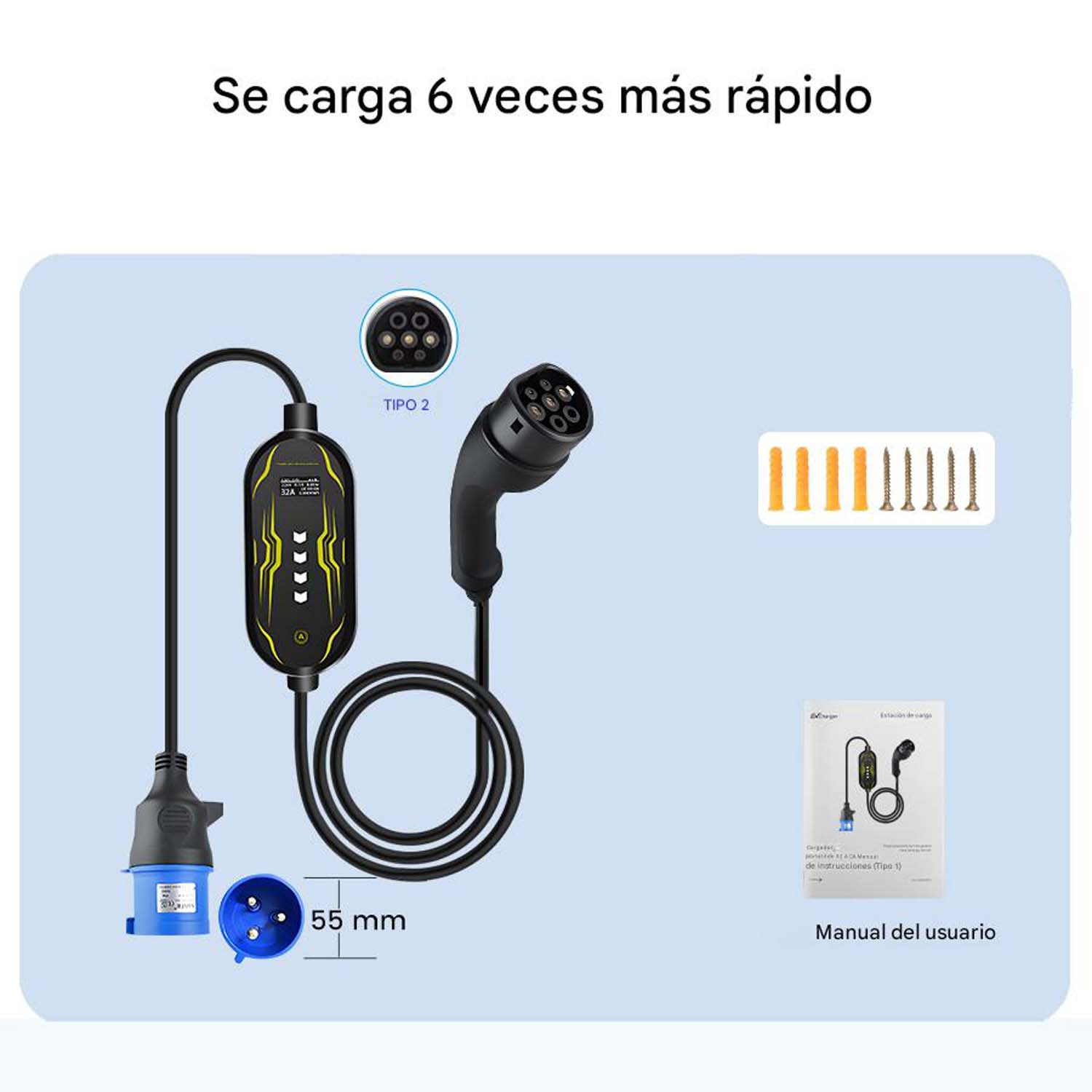 Un cable de carga de vehículos eléctricos con conectores, una estación de carga y un manual de usuario.