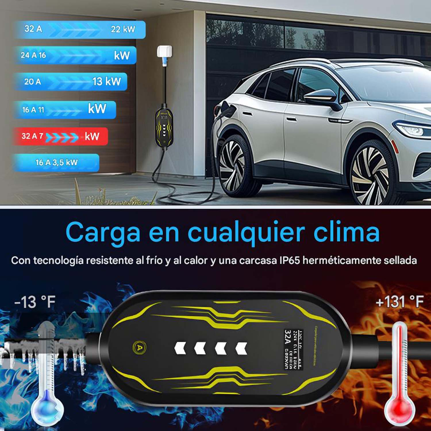 Un cargador de vehículos eléctricos con indicadores de energía y extremos de temperatura (-13F a +131F) mostrados.