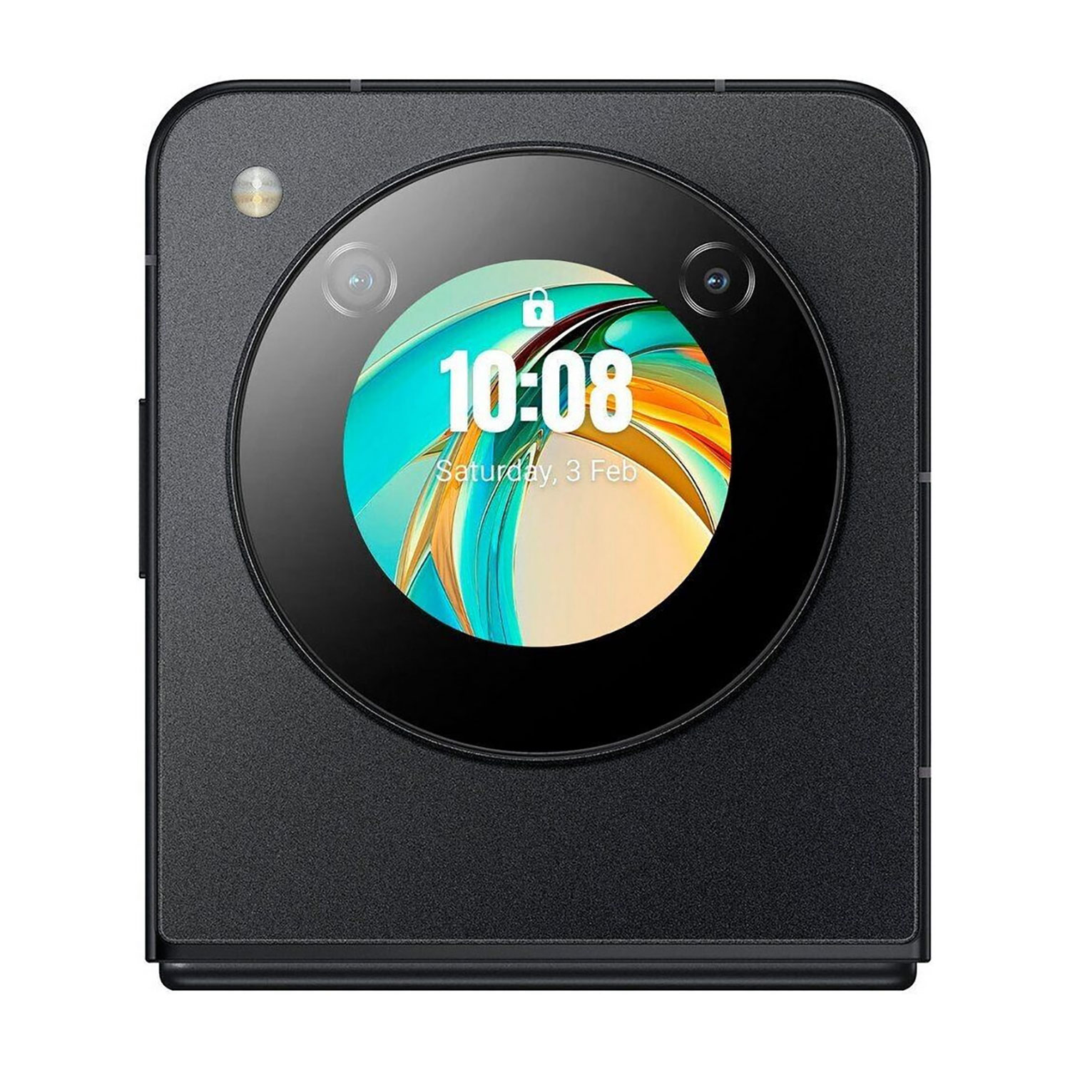 Czarny, składany telefon z ekranem pokazującym godzinę i datę. Jest otwarty, pokazując swój wewnętrzny ekran.