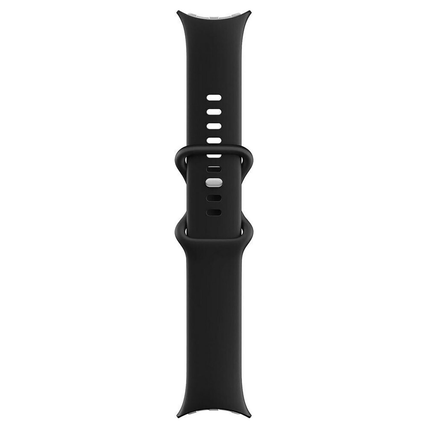 Czarny pasek do zegarka z klamrą. Pasek jest prosty i ma gładką, błyszczącą powierzchnię.