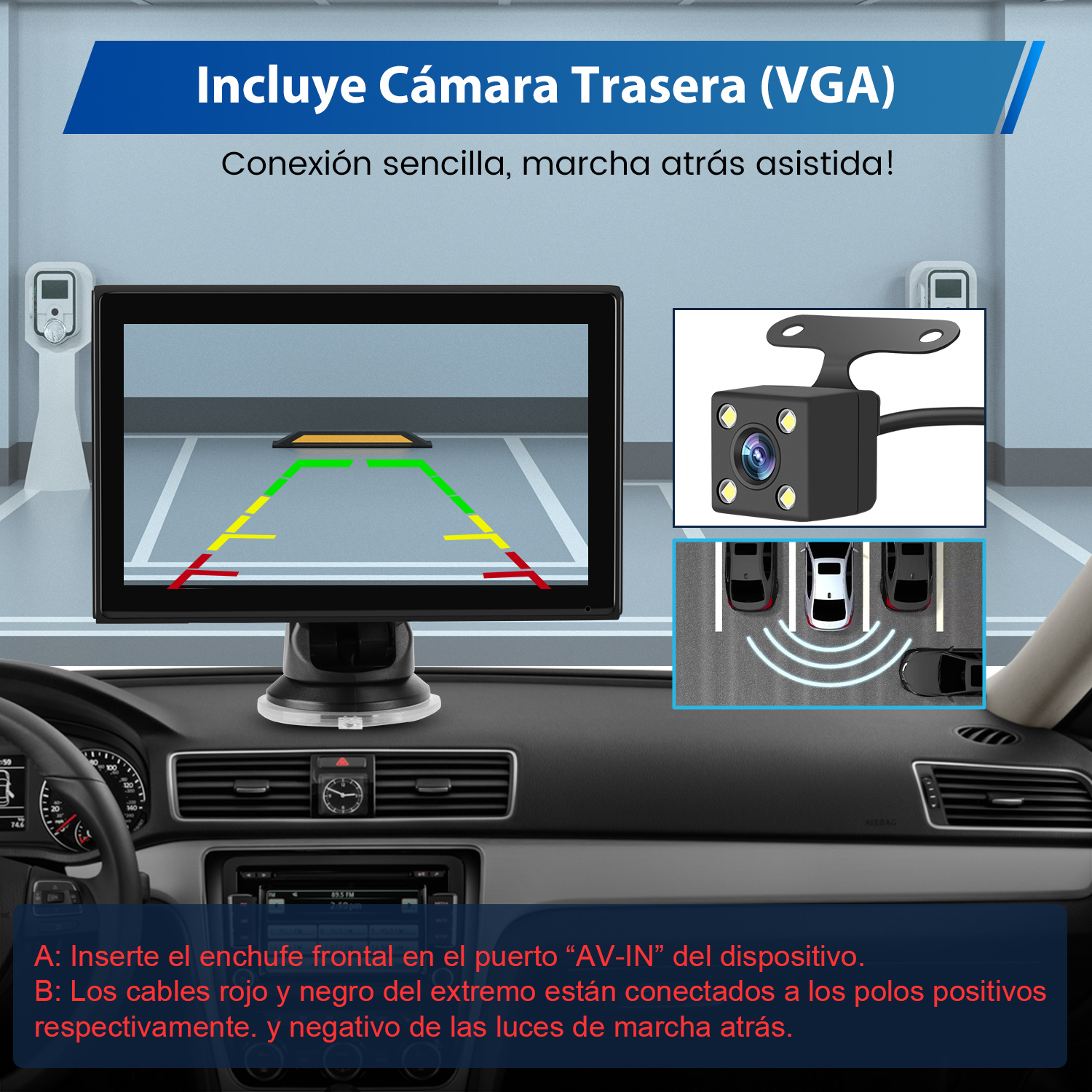 Salpicadero de coche con monitor que muestra la vista de la cámara de marcha atrás. Inserción muestra el coche y líneas de estacionamiento.