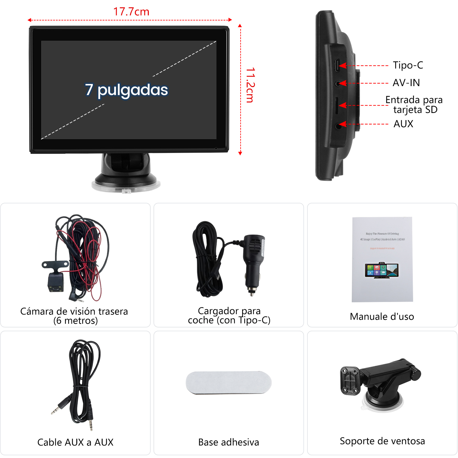 Monitor de coche con accesorios: cámara, cargador, cables y manual.