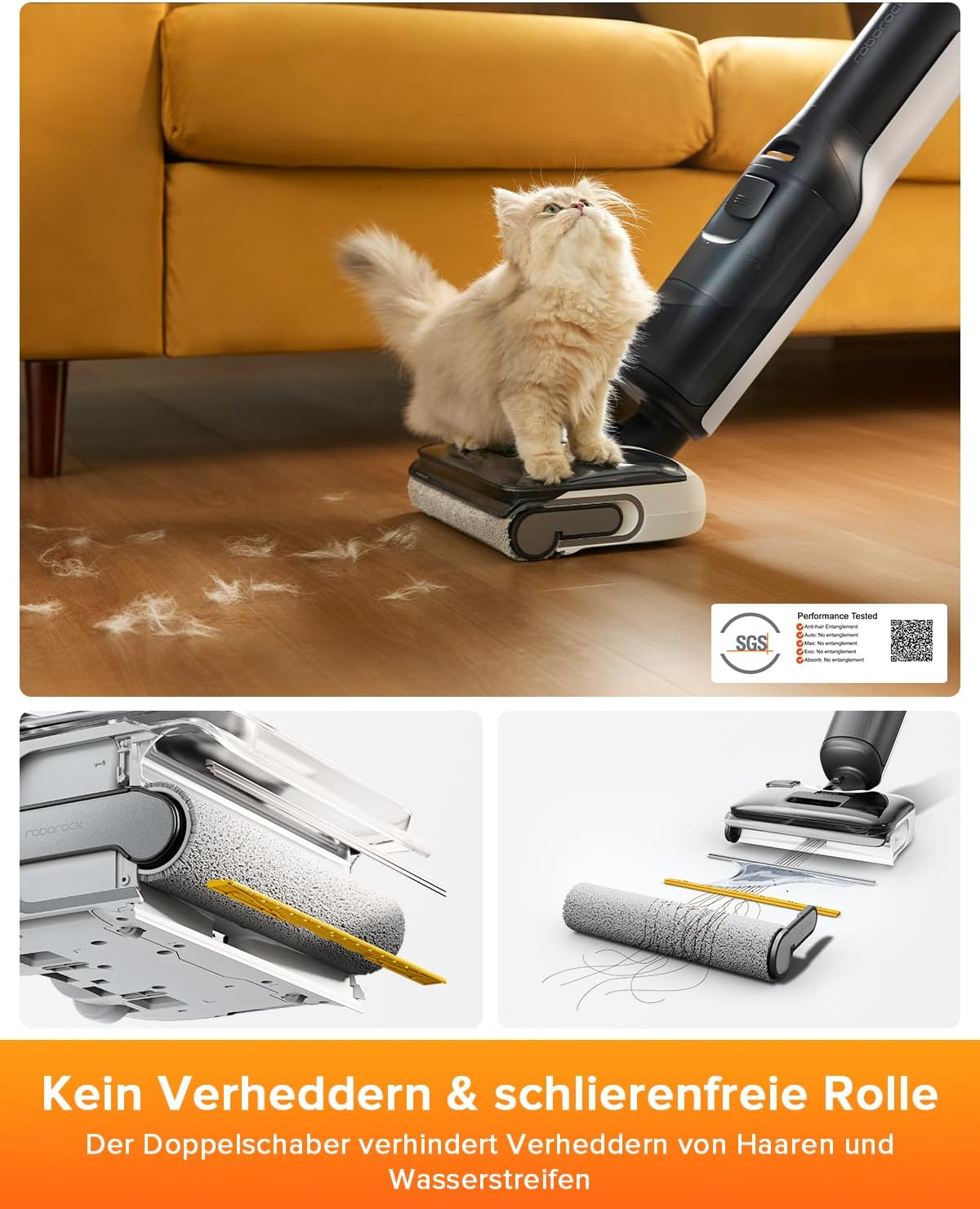 Gatto bianco su un pavimento pulito da un aspirapolvere. Primi piani che mostrano il processo di pulizia.