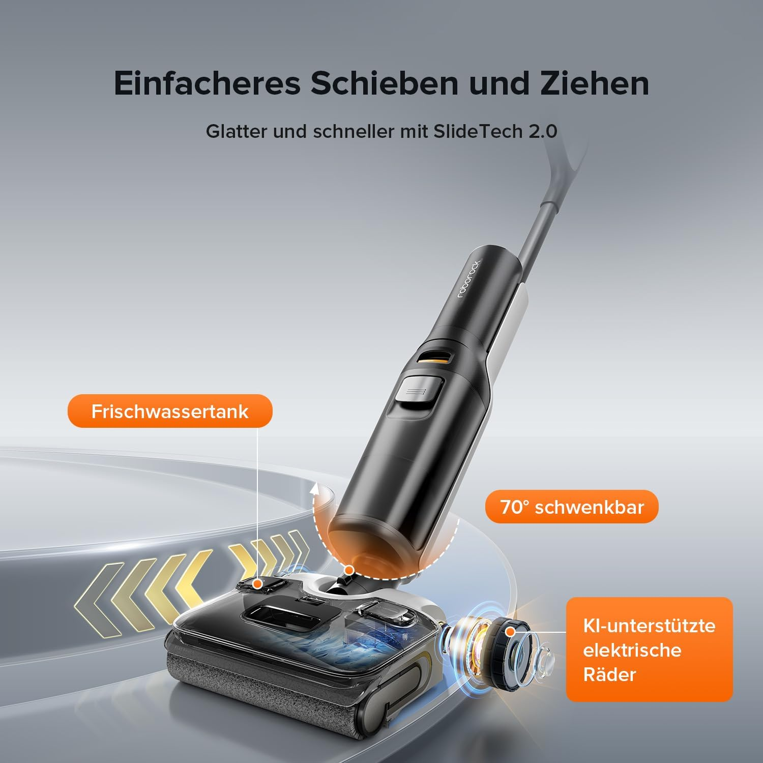 Ein schwarzer und schwarzer elektrischer Wischmopp mit Text: 'Frischwassertank', '70° schwenkbar' und 'KI-gestützte elektrische Räder'.