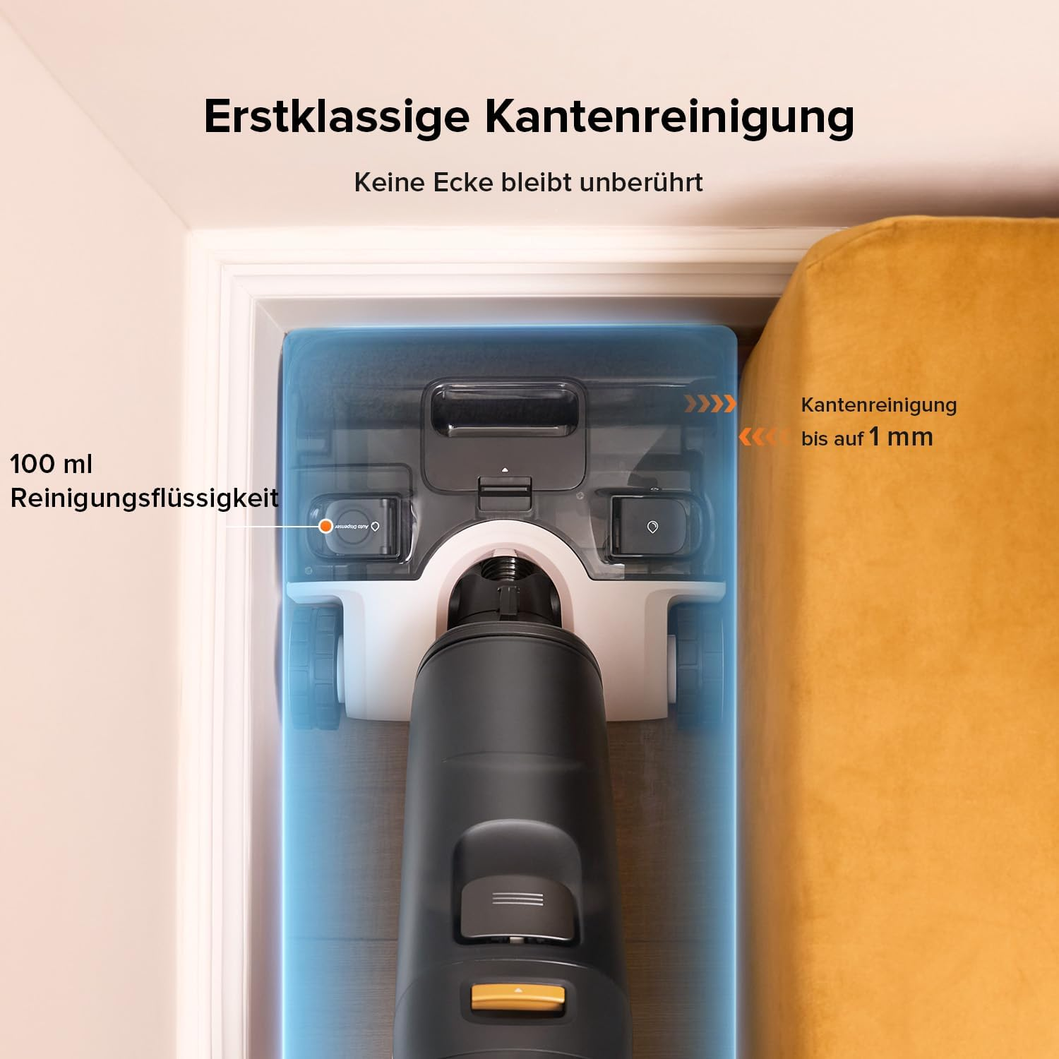 Eine Draufsicht auf einen Reinigungsroboter, der die Kantenreinigung demonstriert.