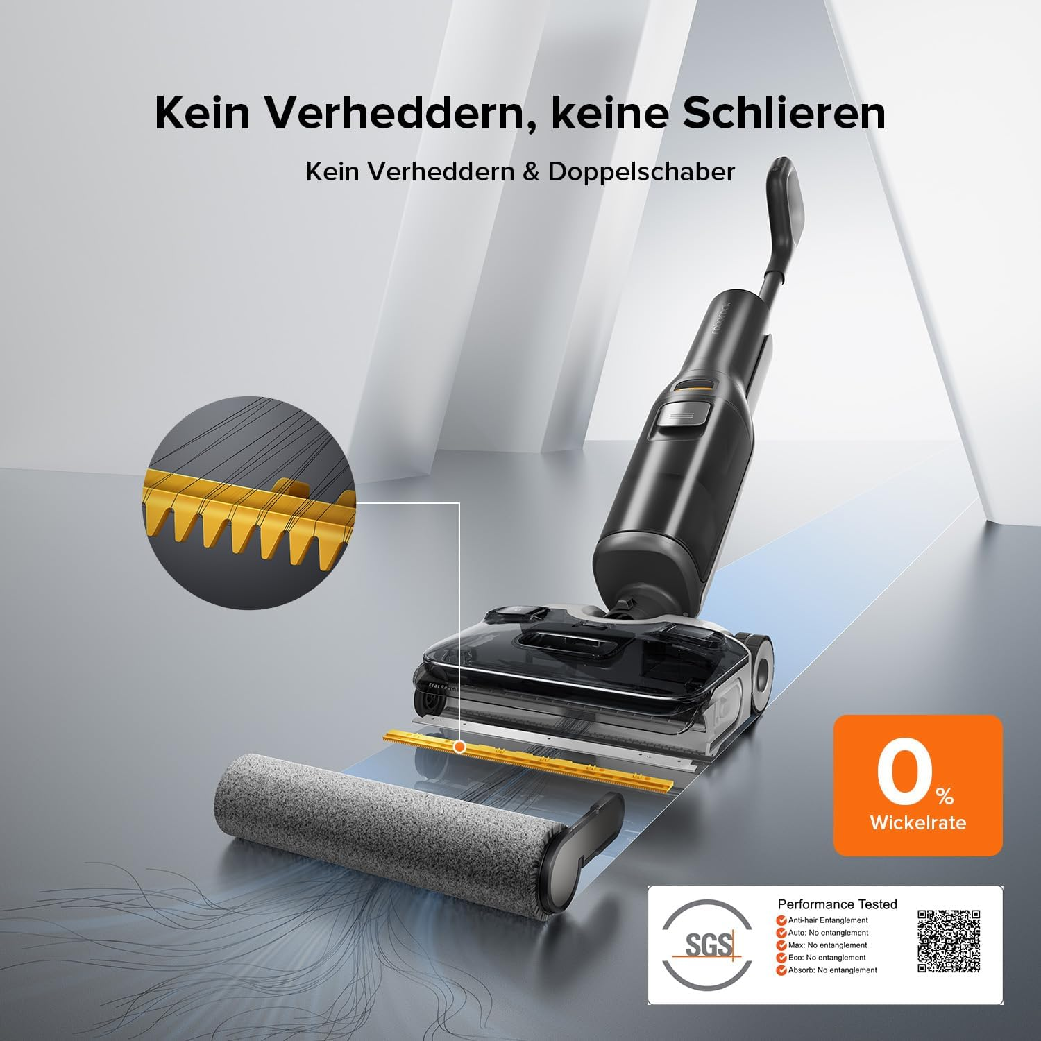 Staubsauger, der die Bürstenrolle und den Filter zeigt. Text erwähnt Anti-Verheddern und 0% Dochtwirkung.