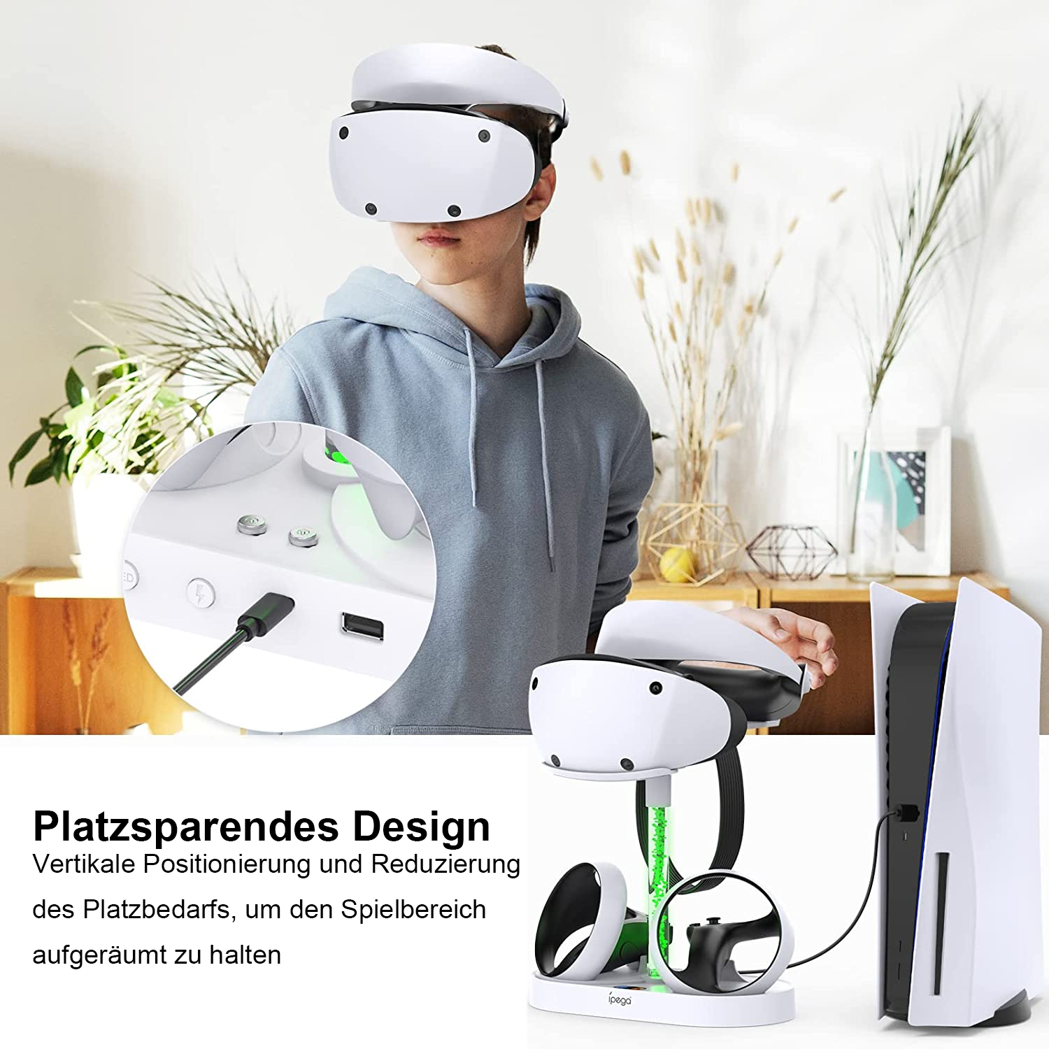 Eine Person mit VR-Headset, mit einem weißen Ständer für Headset und Konsole.