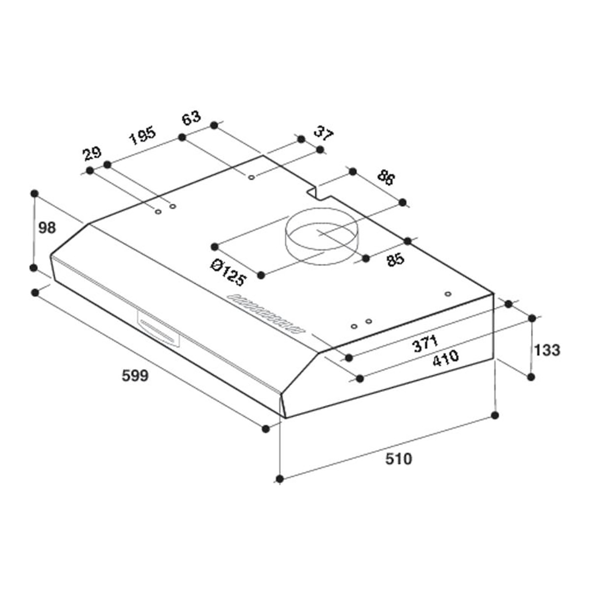 Diagrama de campana extractora con dimensiones, contornos negros y puntos negros.