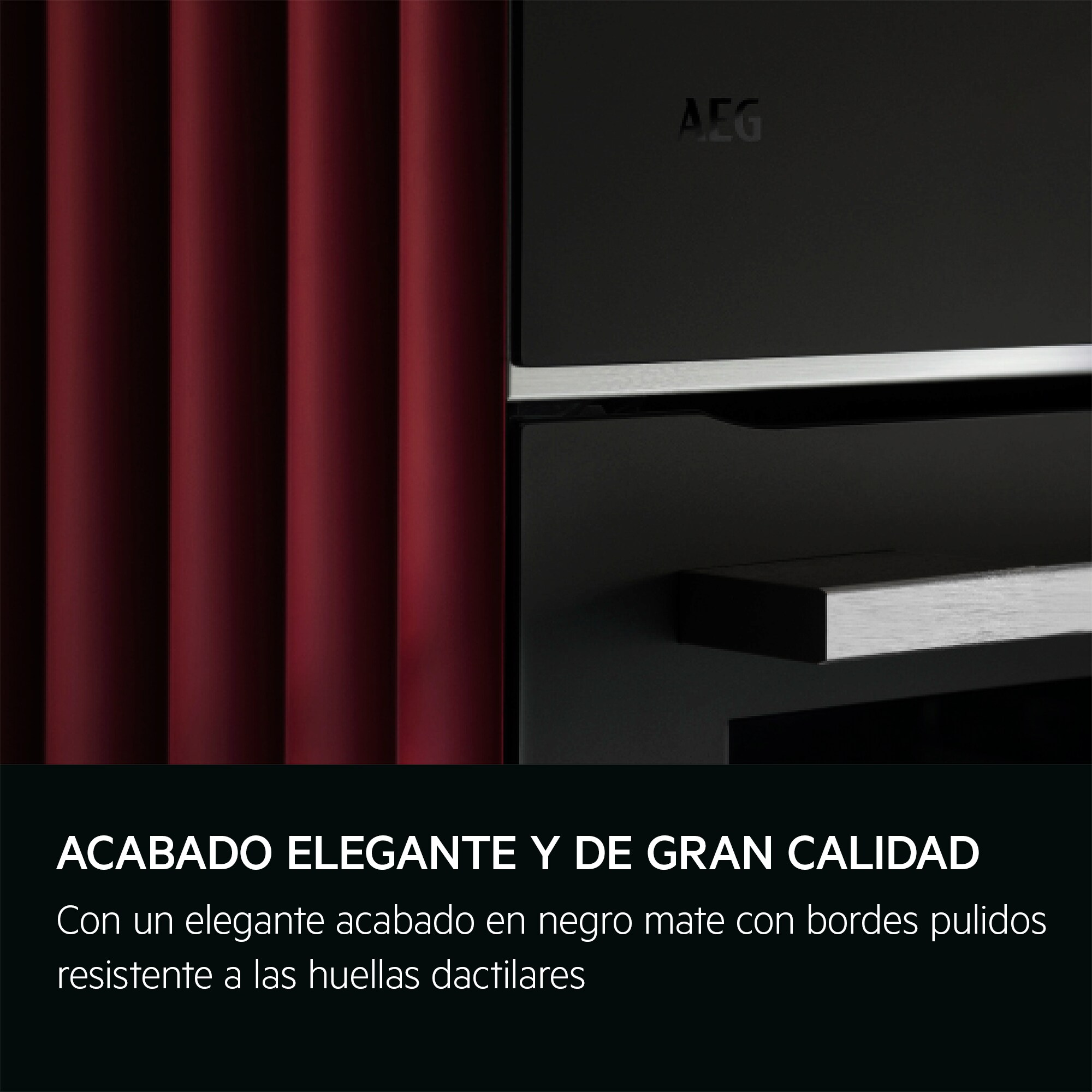 Czarny piekarnik z czerwoną zasłoną i tekstem: Eleganckie wykończenie i wysoka jakość.