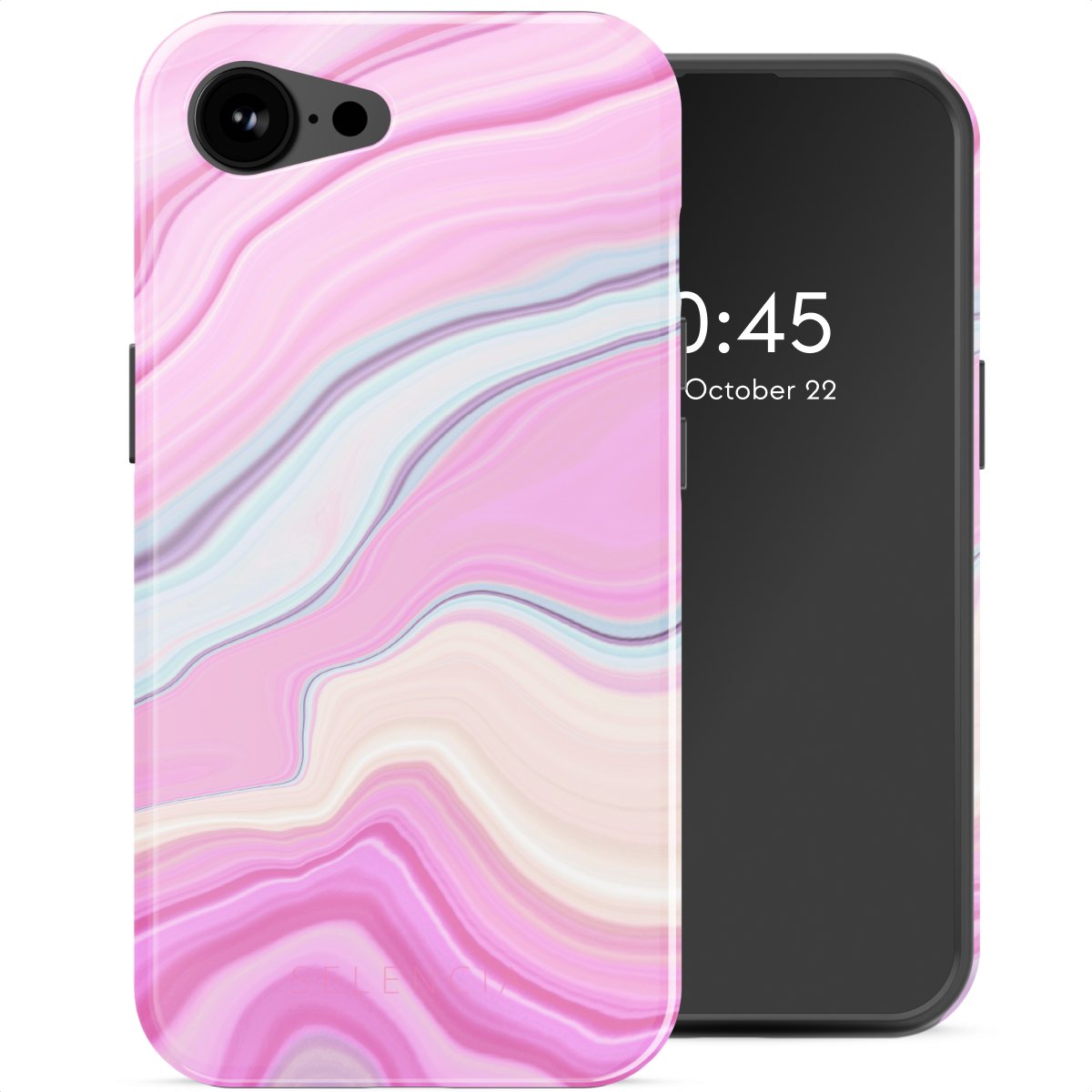 Custodia rosa per telefono con design marmorizzato, che copre un telefono nero.