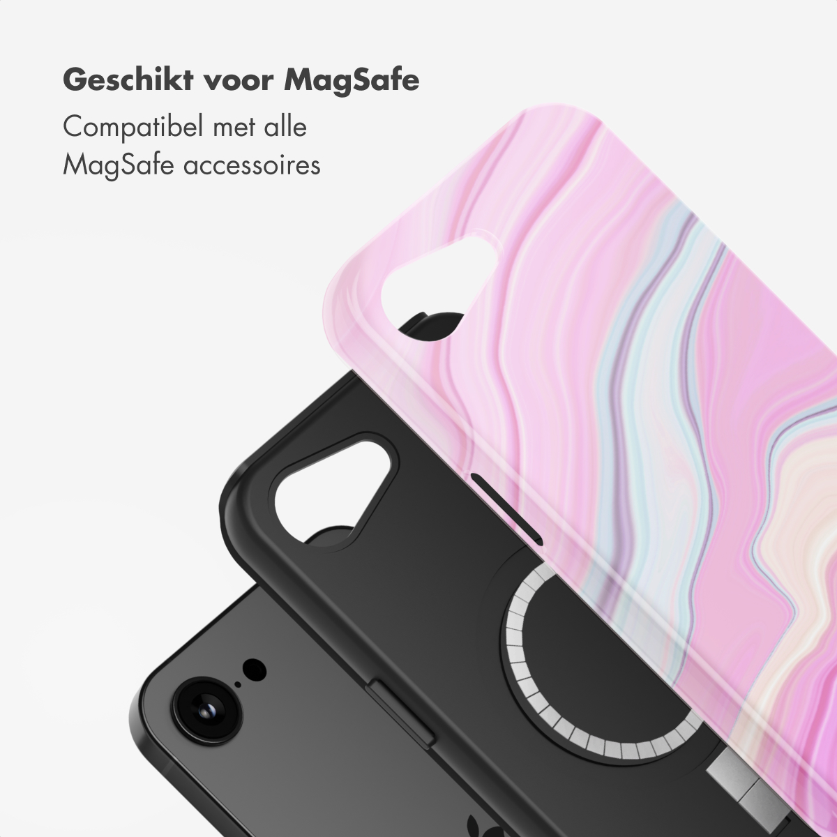 Custodia del telefono sopra il telefono. Design in marmo rosa, custodia nera. Testo: Compatibile con tutti gli accessori MagSafe.
