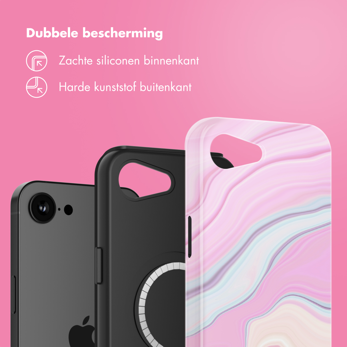 Custodia rosa con design marmorizzato, custodia nera, telefono nero.