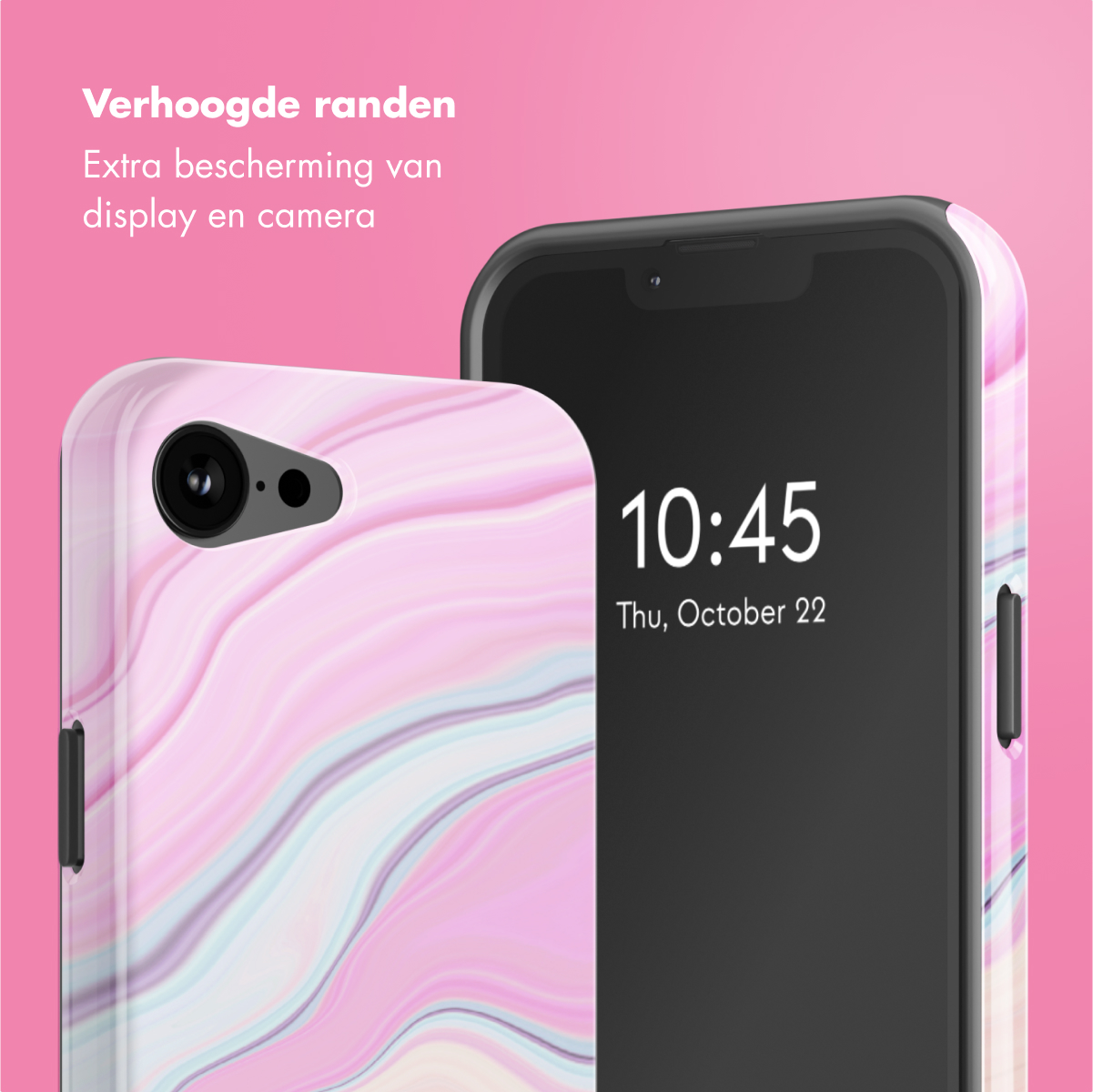 Custodia per telefono rosa marmorizzata con un telefono che mostra l'ora. Testo: Protezione extra per display e fotocamera.