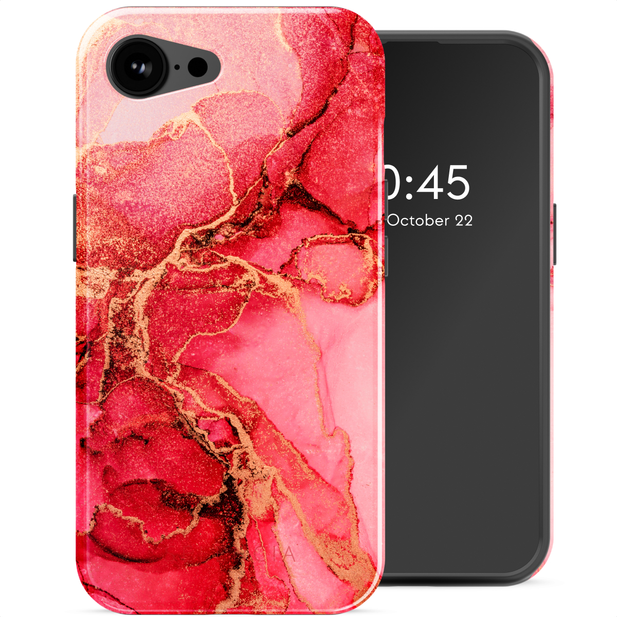 Smartphone con custodia dal design a marmo rosso e oro, con uno schermo nero che mostra l'ora.