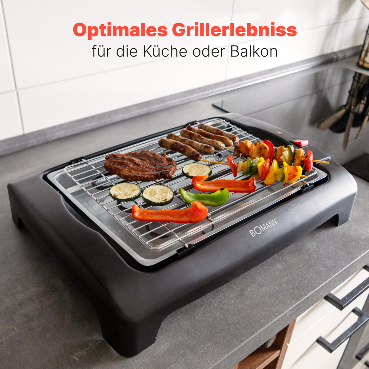 Grill elektryczny z grillowanym mięsem i warzywami. Jest na blacie z tekstem 'Optymalne grillowanie'.