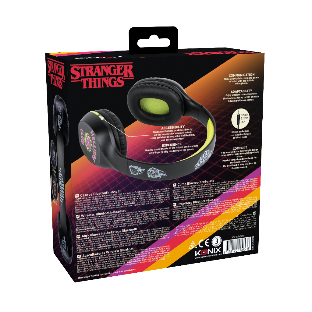 Tył pudełka ze słuchawkami z motywem Stranger Things z cechami produktu i marką.