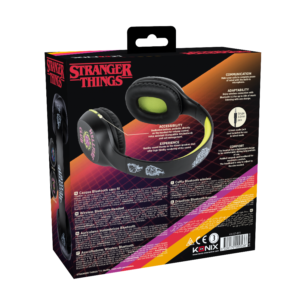 Pudełko słuchawek, czarne z motywem Stranger Things, widok z tyłu, z tekstem.