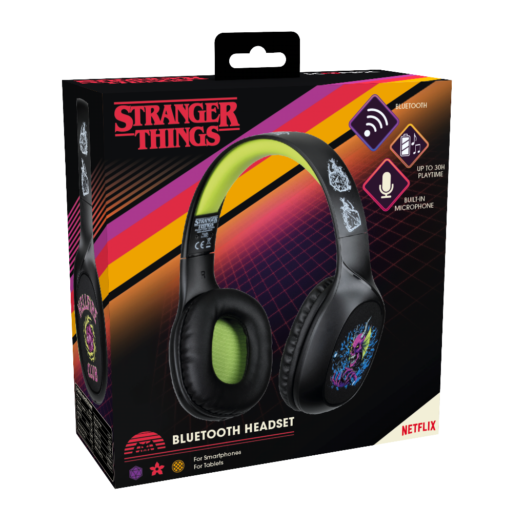 Zestaw słuchawkowy Bluetooth Stranger Things w kolorze czarnym i zielonym w pudełku.