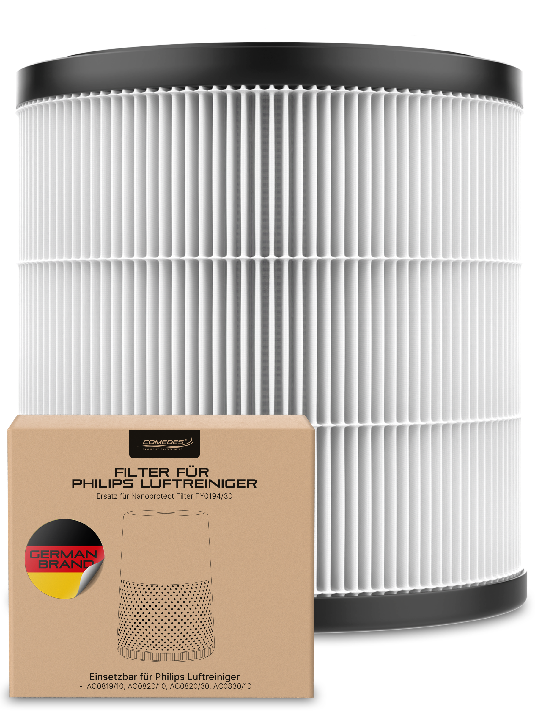 Luftfilter mit Box. Filter ist weiß und zylindrisch. Die Box trägt Markennamen und Produktdetails.
