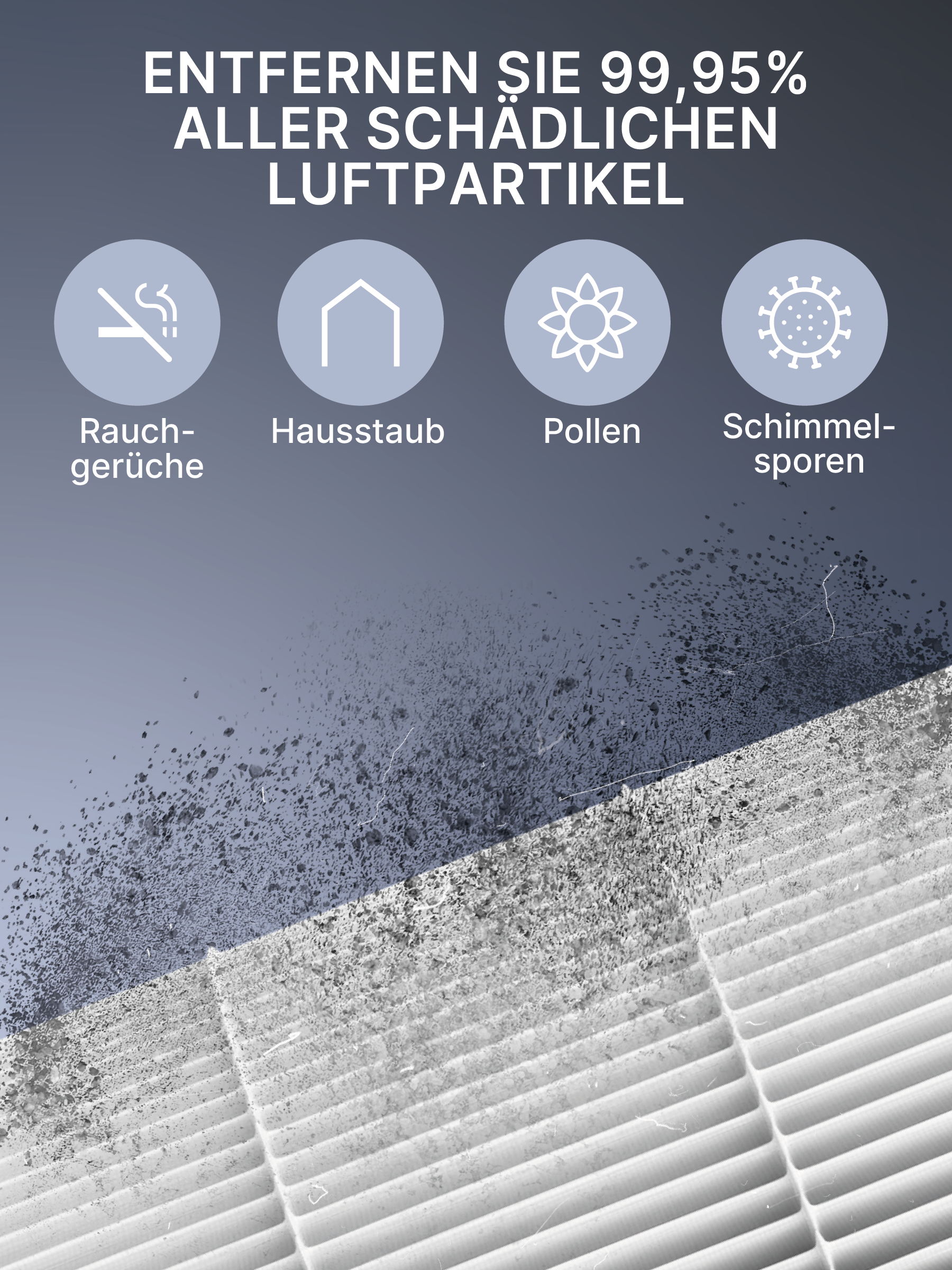 Ein Luftfilter mit Symbolen für Rauch, Staub, Pollen und Schimmelsporen.