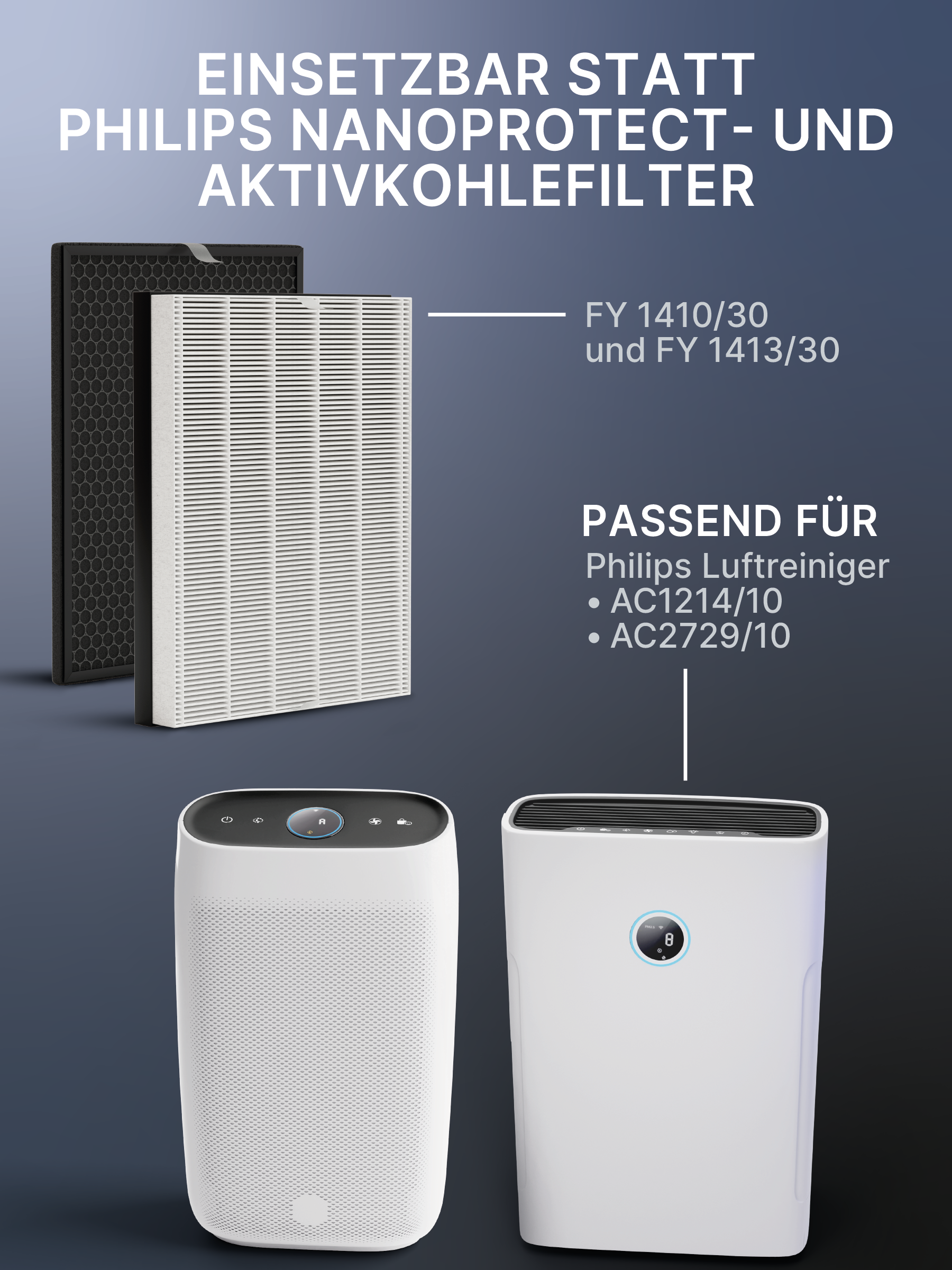Luftreinigerfilter und zwei weiße Luftreiniger mit Textbeschriftungen.