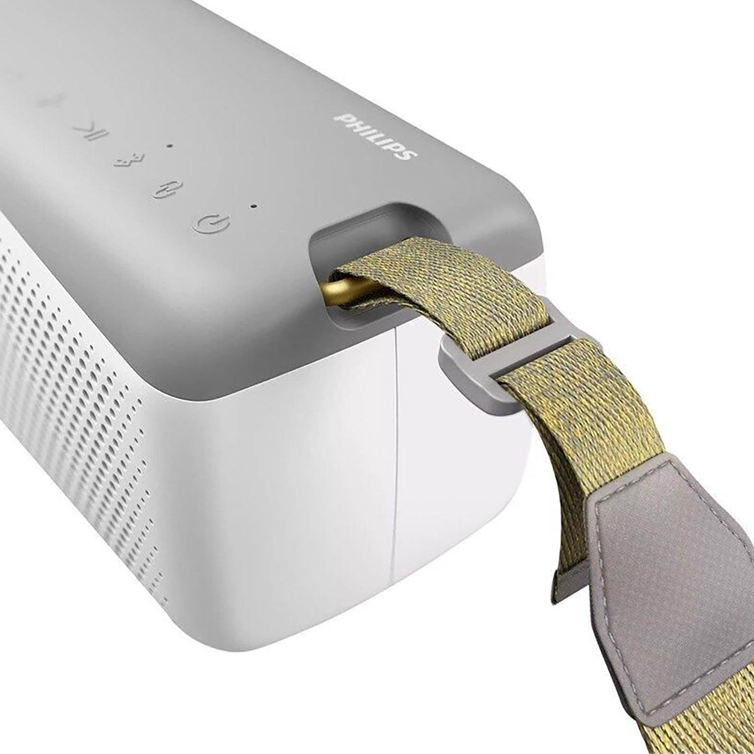 Haut-parleur portable gris et blanc avec une sangle moutarde. Logo Philips visible. Fond blanc.