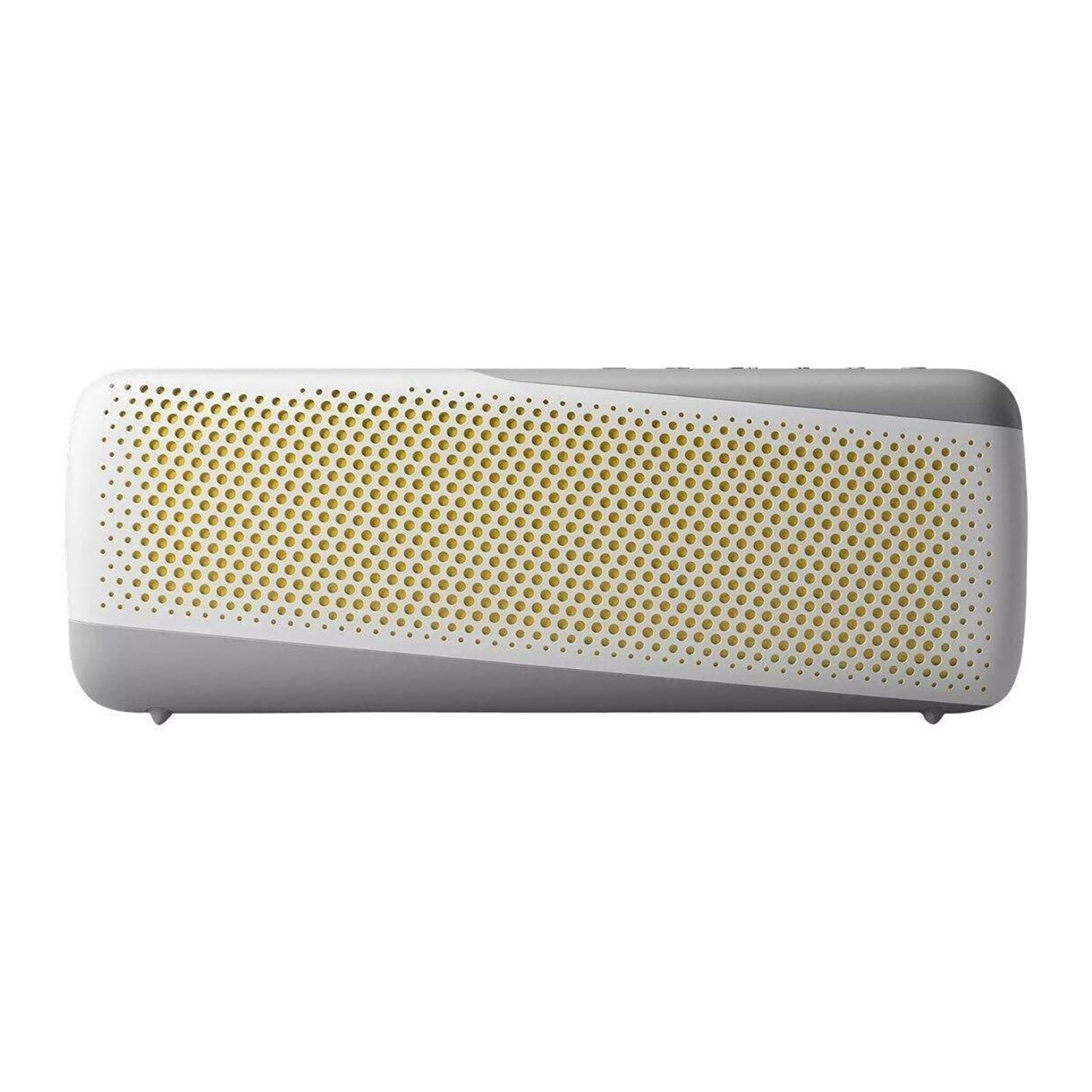 Un haut-parleur blanc et gris avec un maillage jaune. Le haut-parleur est rectangulaire et a un design moderne.
