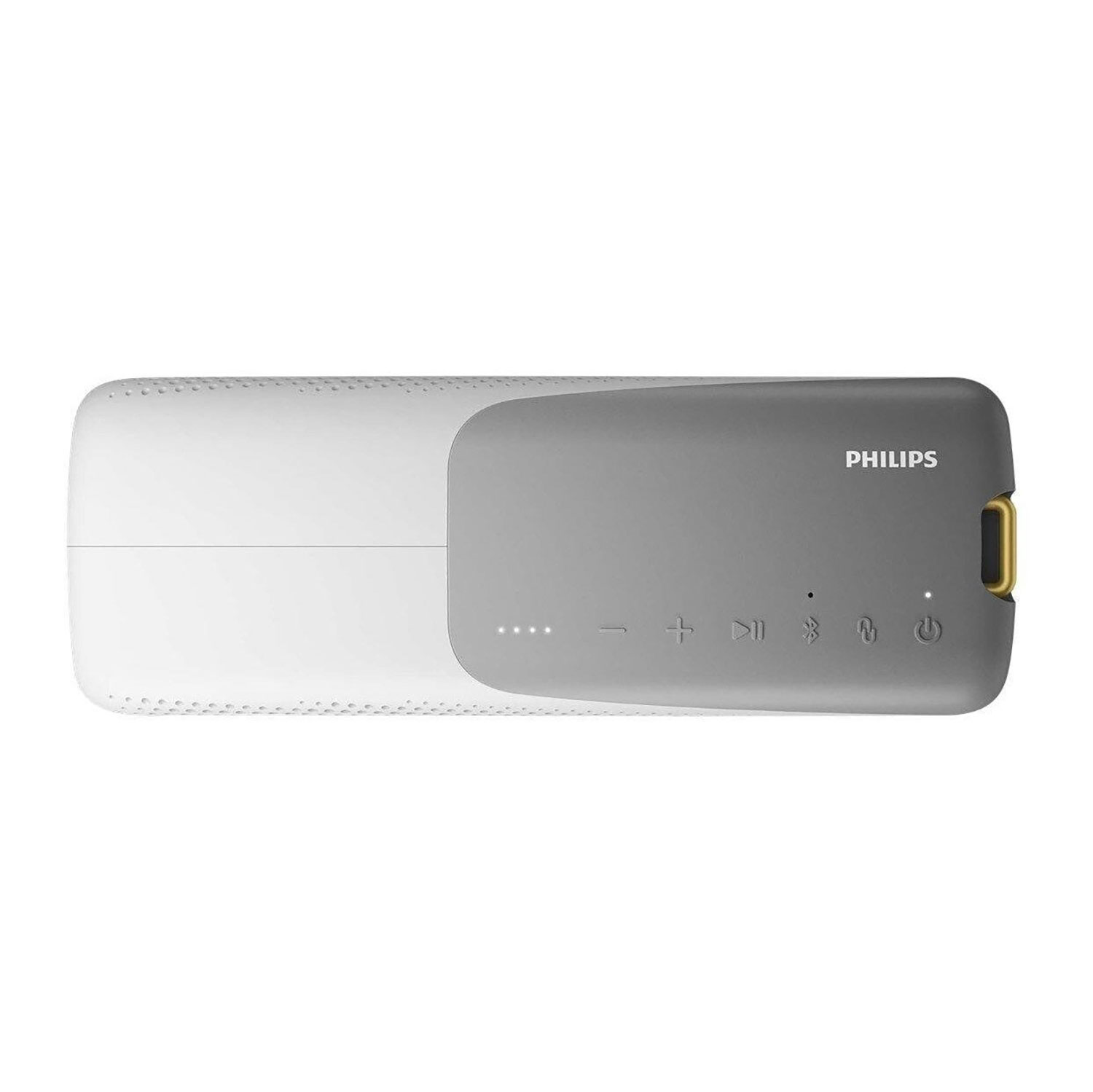 Haut-parleur Philips blanc et gris avec boutons de commande sur fond blanc.