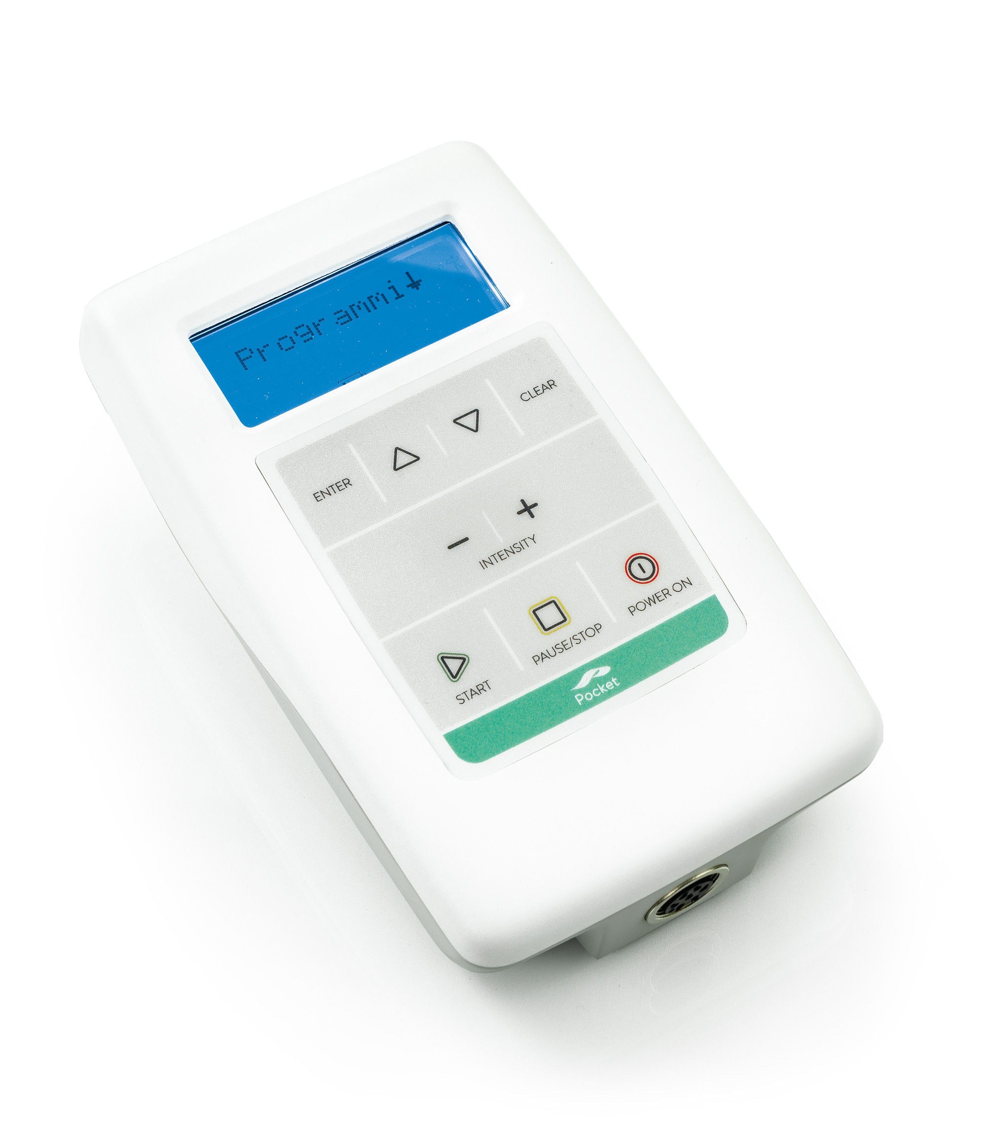 Un piccolo dispositivo portatile bianco con schermo e pulsanti.