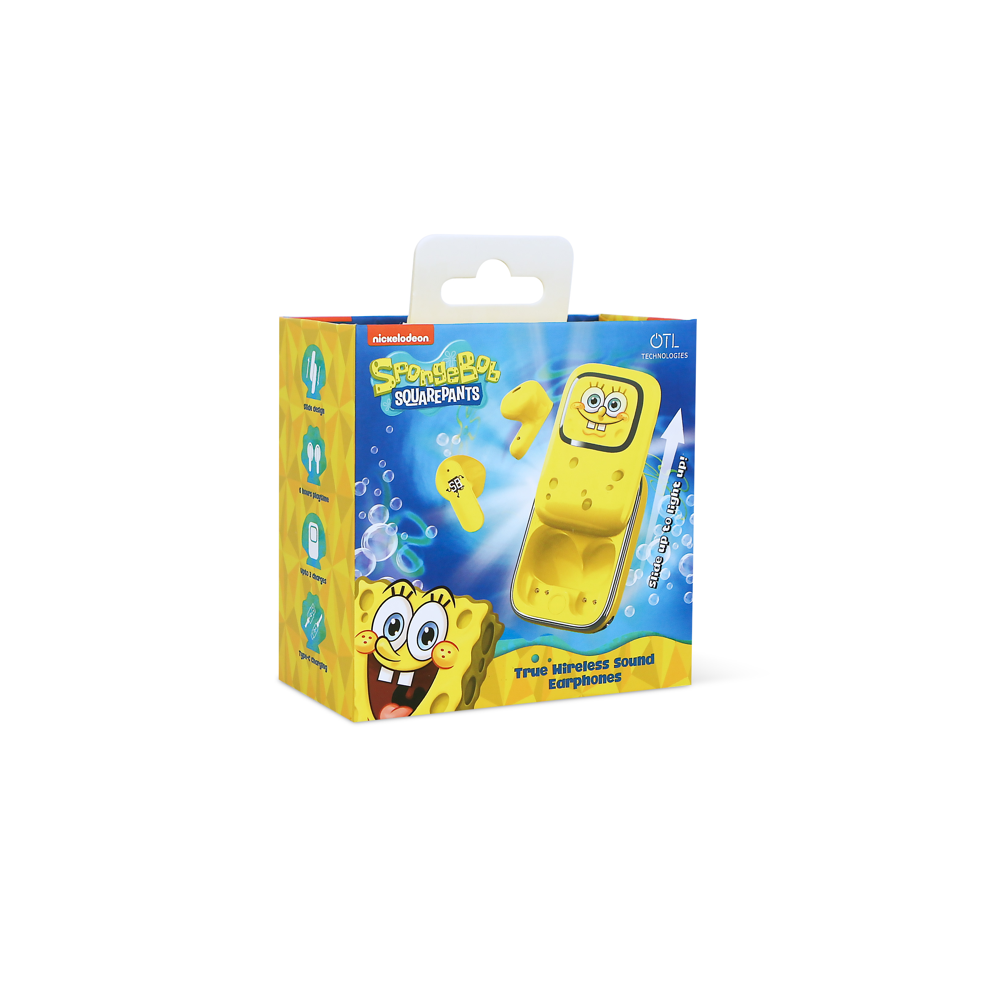 Een gele cartoon doos met Spongebob Squarepants oortelefoons. De doos toont de oortelefoons.