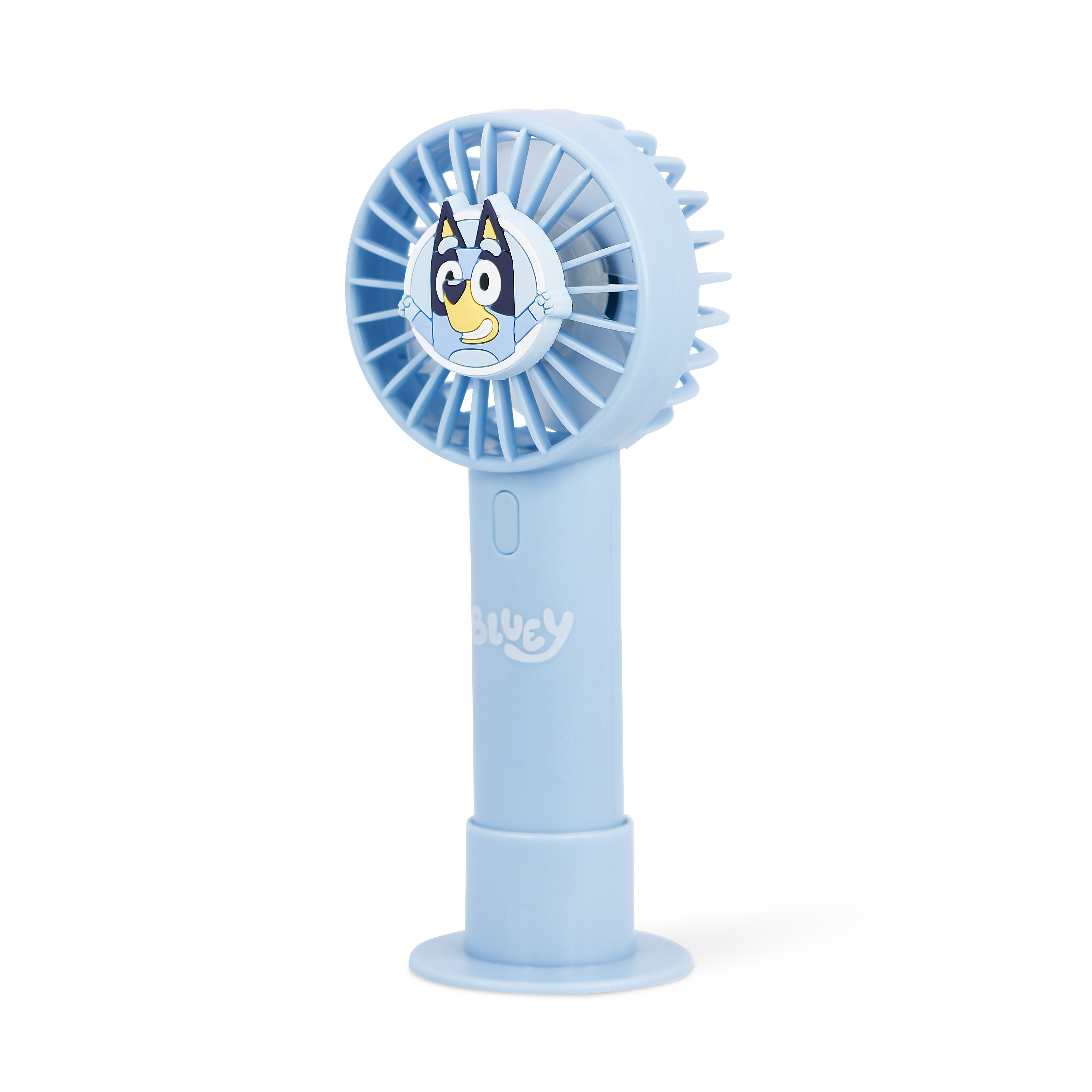 A light blue Bluey fan. The fan is white. The background is white.
