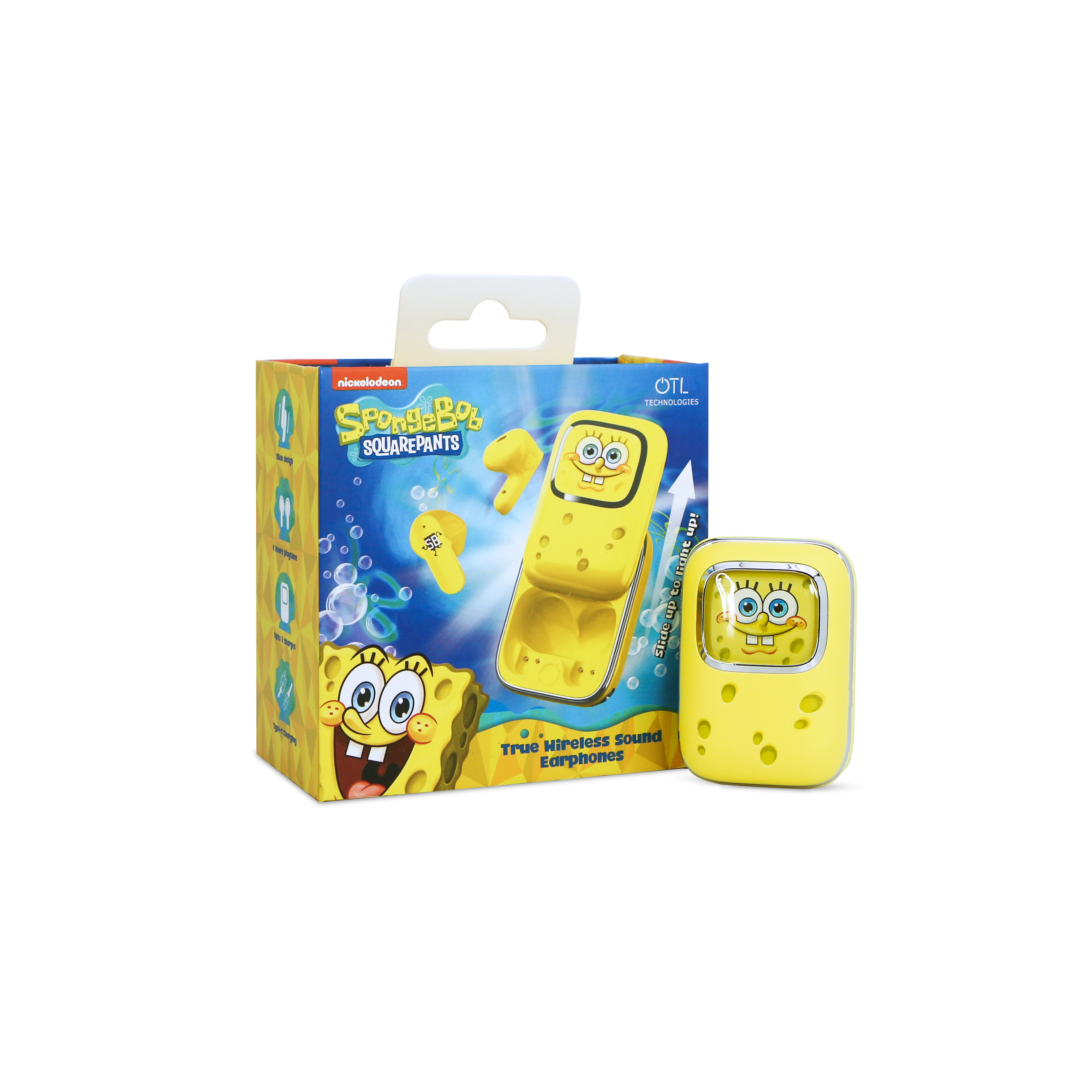 Spongebob Squarepants draadloze oortelefoons, doos en etui. Gele etui en oortelefoons.