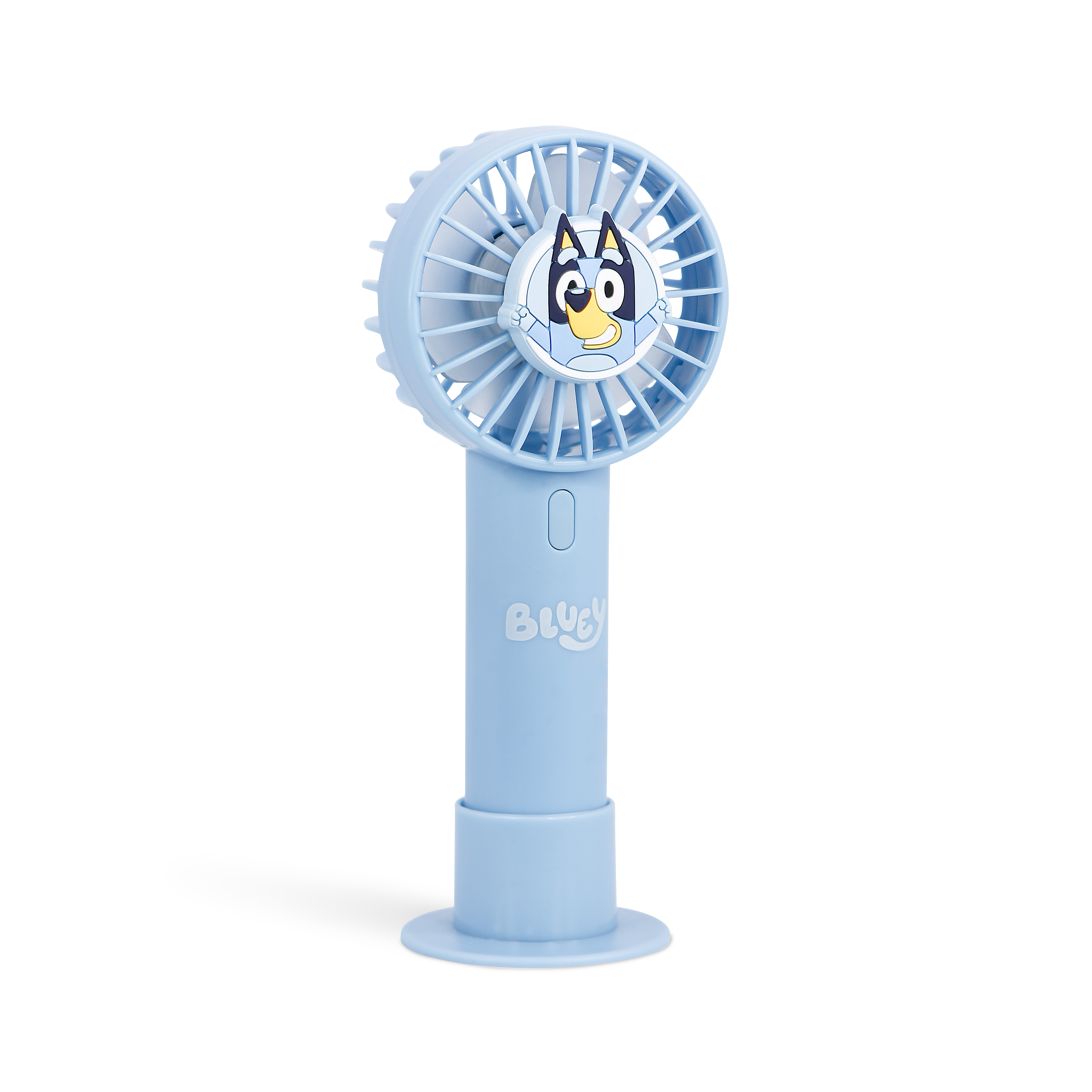 Blue portable fan with a Bluey cartoon face, on a white background.