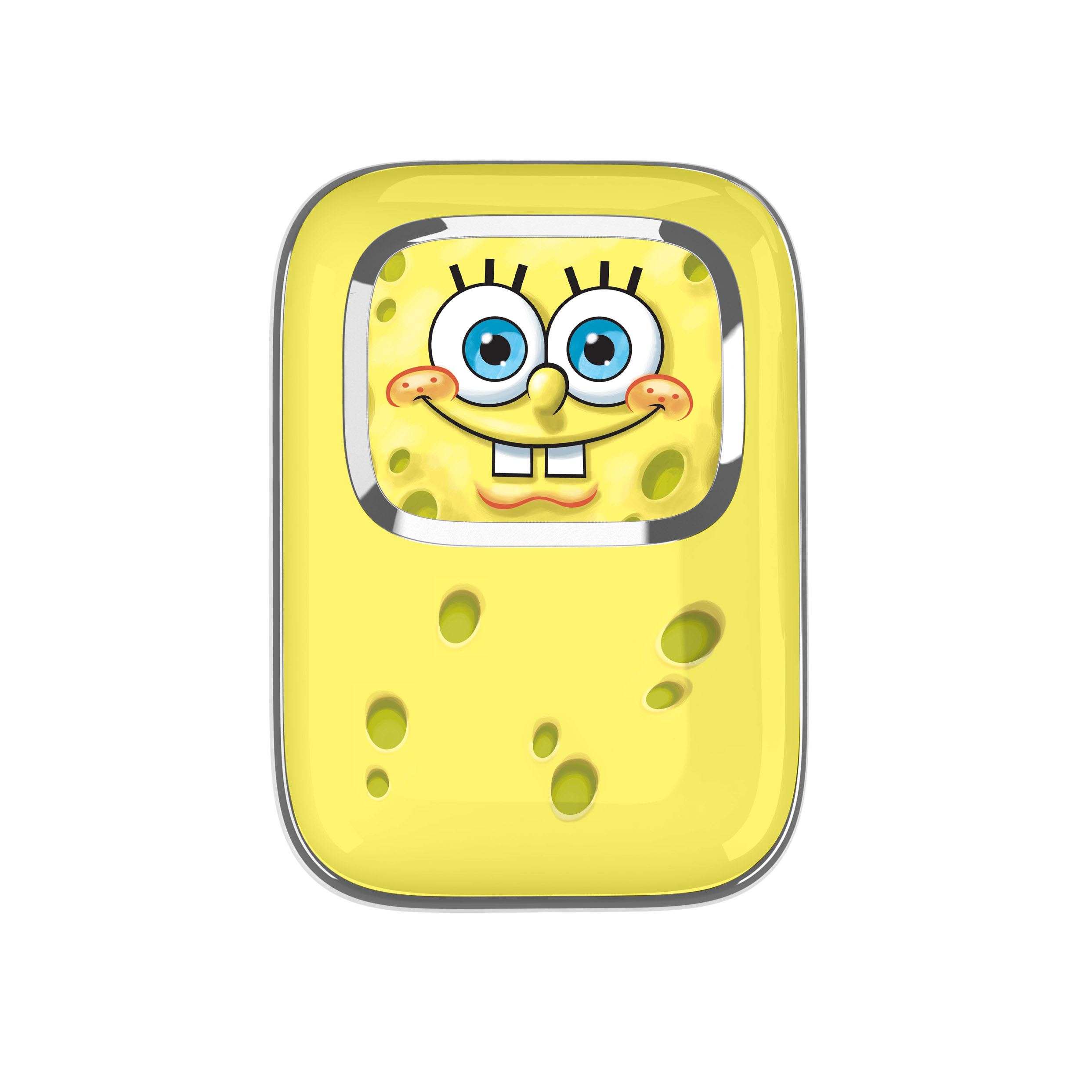 Gele sponsvorm met SpongeBob-gezicht in een frame.