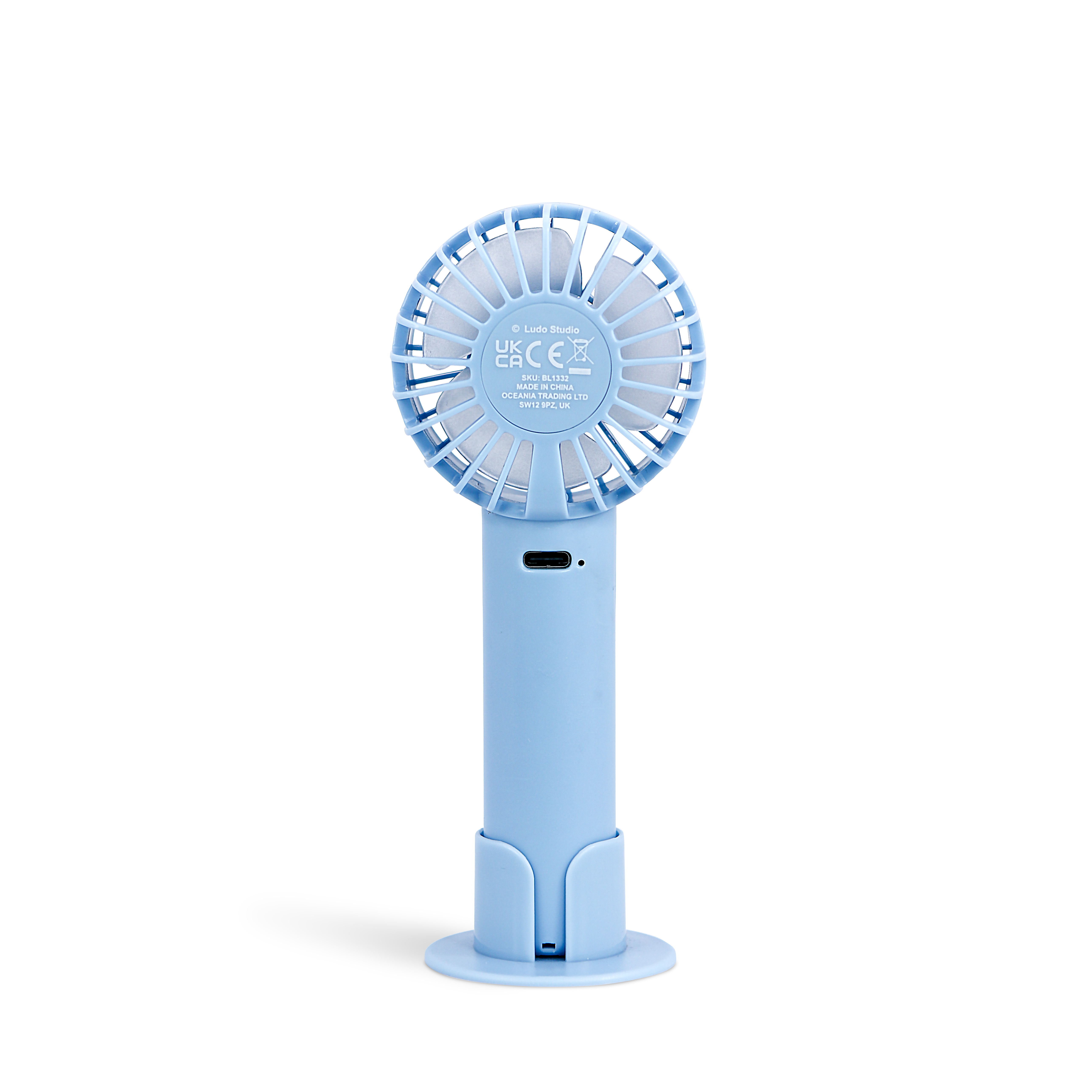 A light blue portable fan. It has a stand and a round fan head.