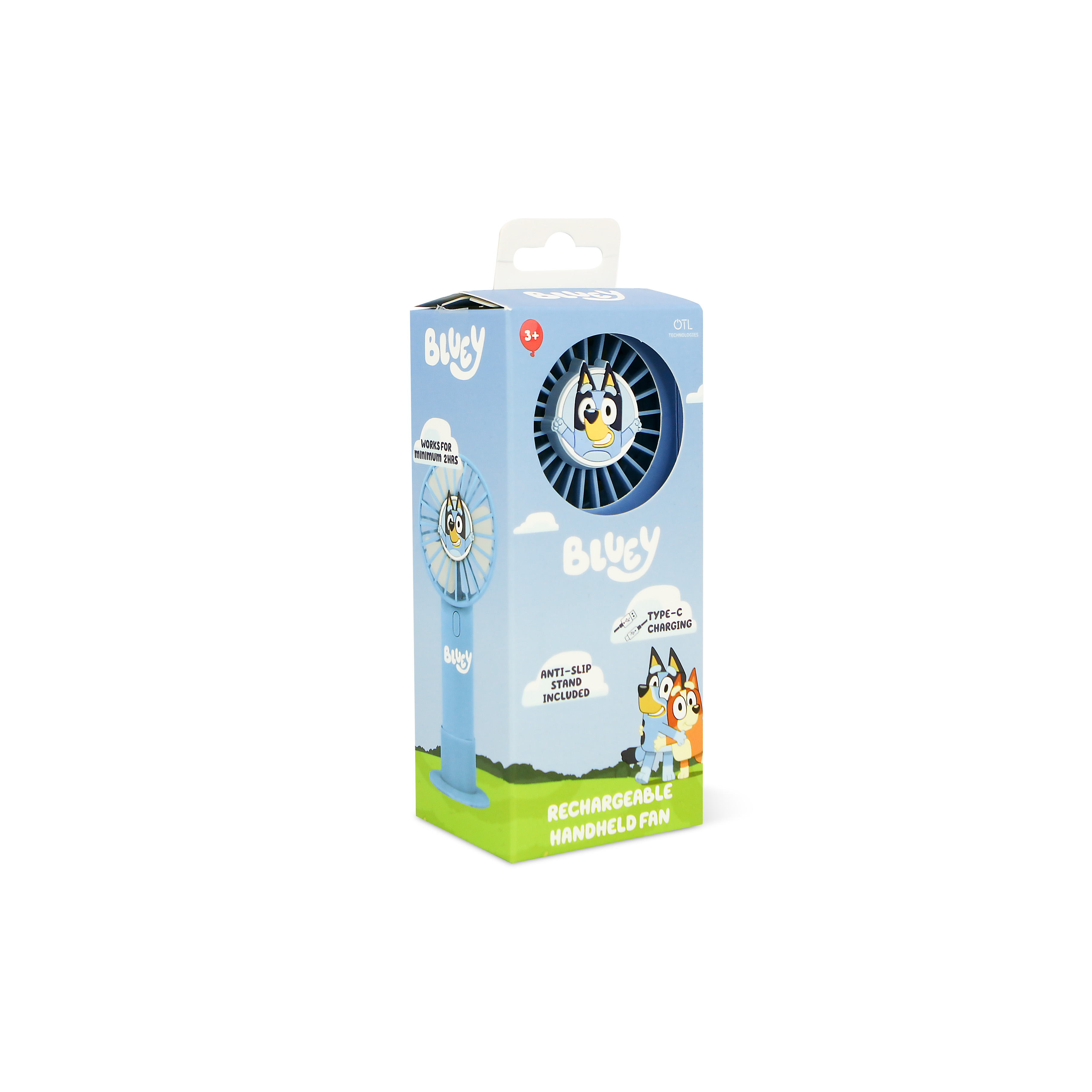 Bluey-themed handheld fan in a box. Features Bluey characters.