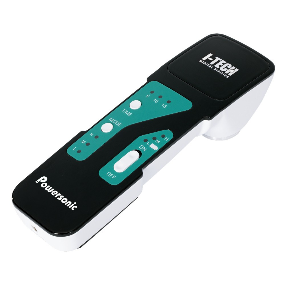 Dispositivo medico bianco e nero con pulsanti, etichettato 'Powersonic' e 'I-TECH'.