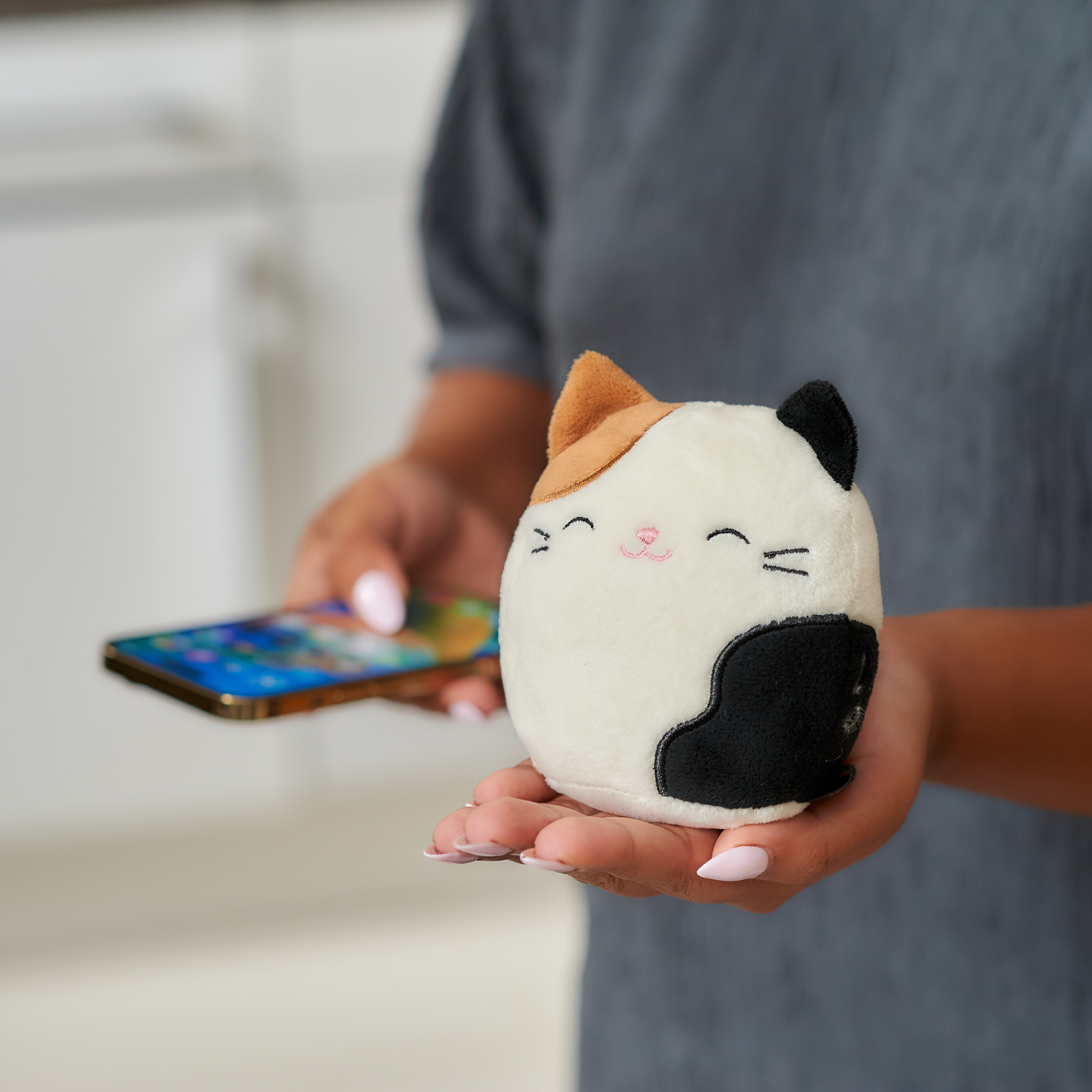 Een persoon die een kleine, katvormige pluche knuffel vasthoudt, met een telefoon op de achtergrond.