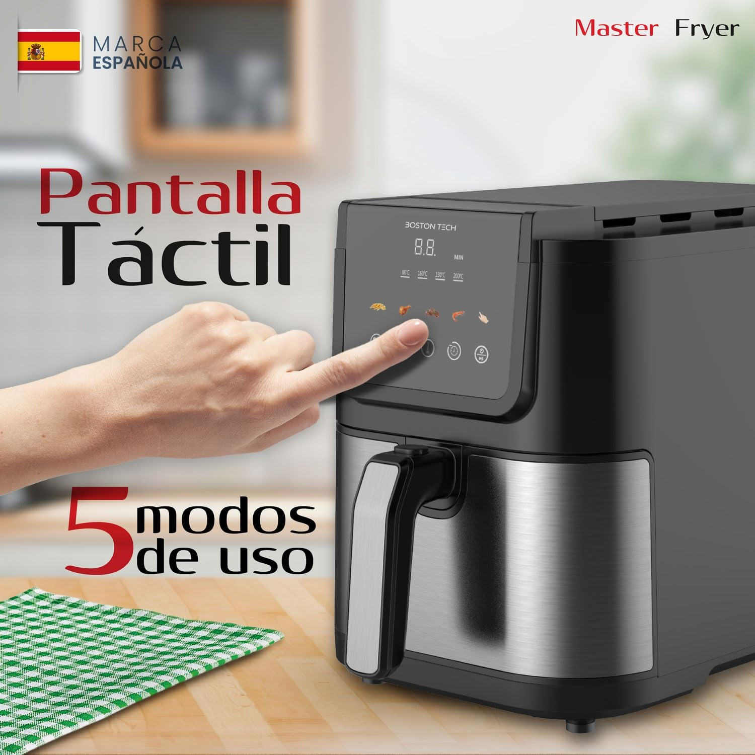 Una freidora de aire con pantalla táctil y una mano apuntando a ella.