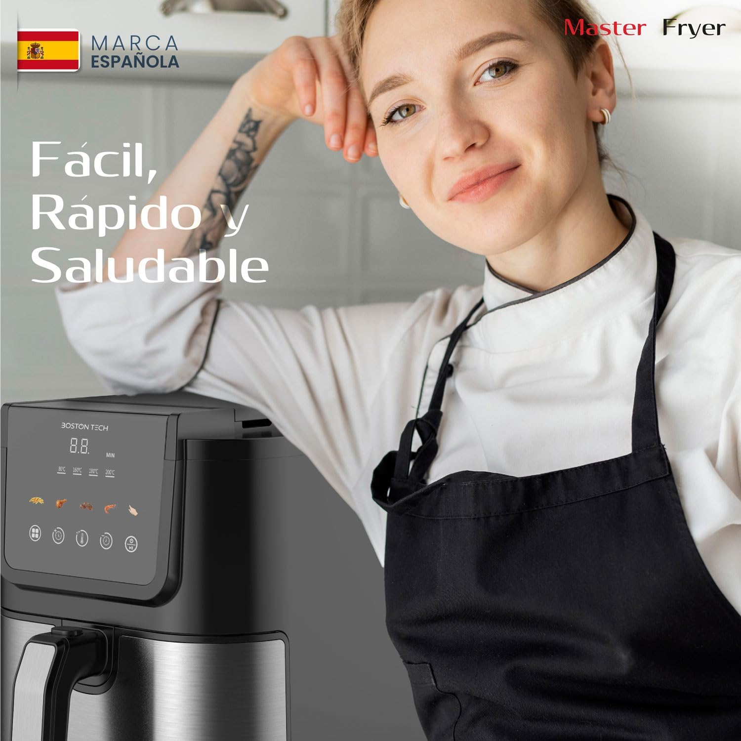 Una mujer con uniforme de chef sonríe junto a una freidora de aire. Texto: Fácil, rápido, sano.