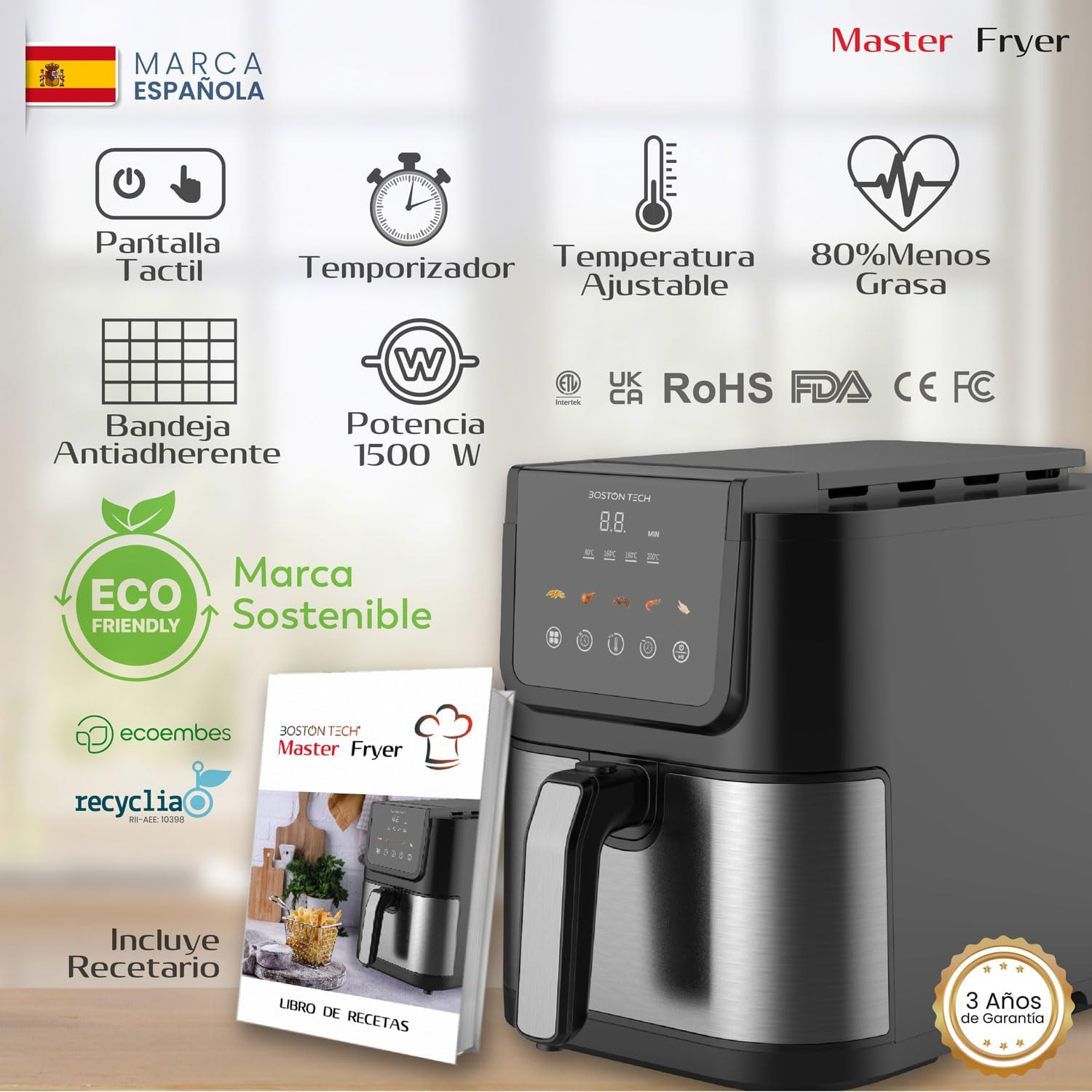 Freidora de aire Master Fryer negra y plateada con texto e iconos en español sobre fondo blanco.